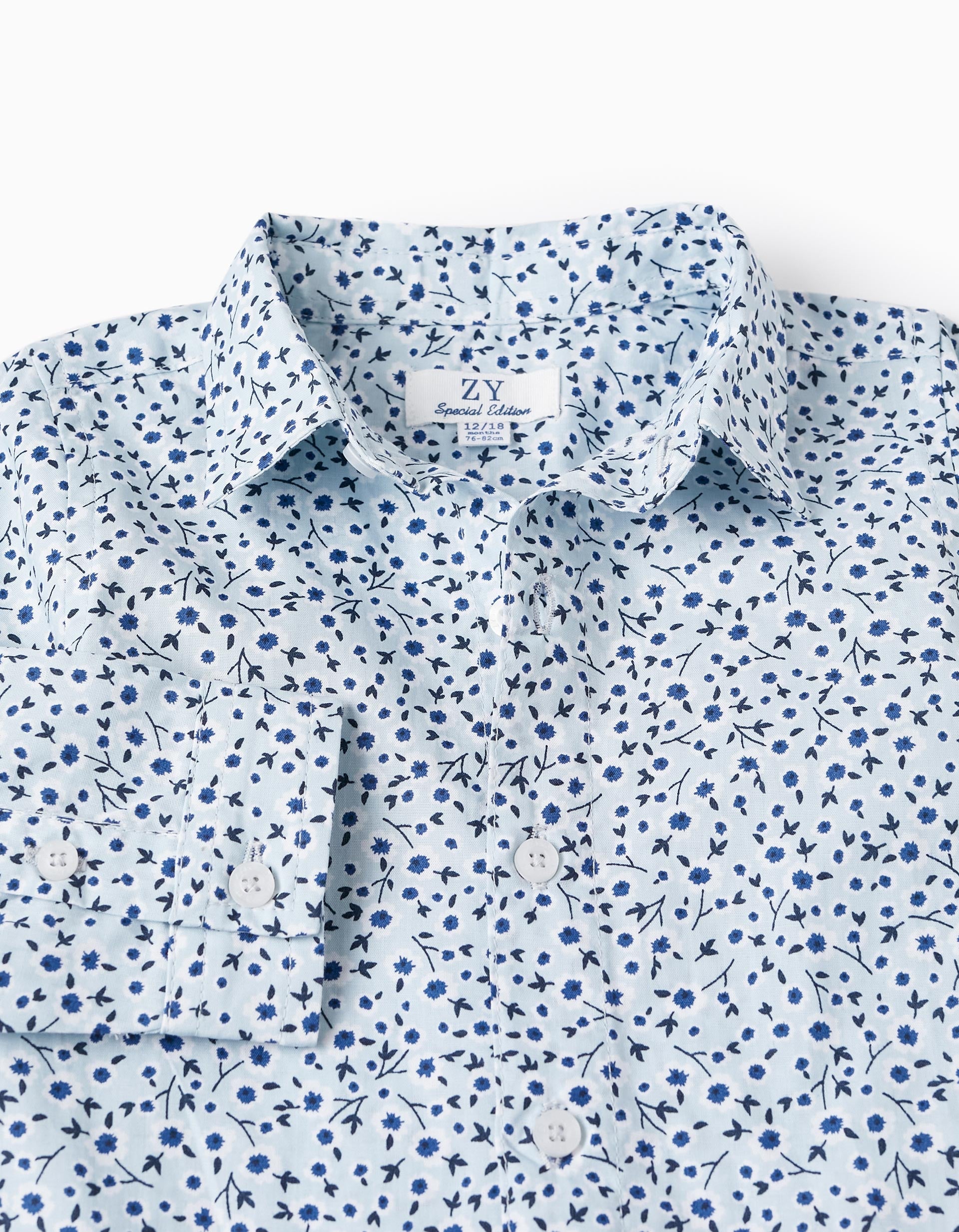 Shirt with Floral Pattern for Baby Boys, Blue/White/Dark Blue