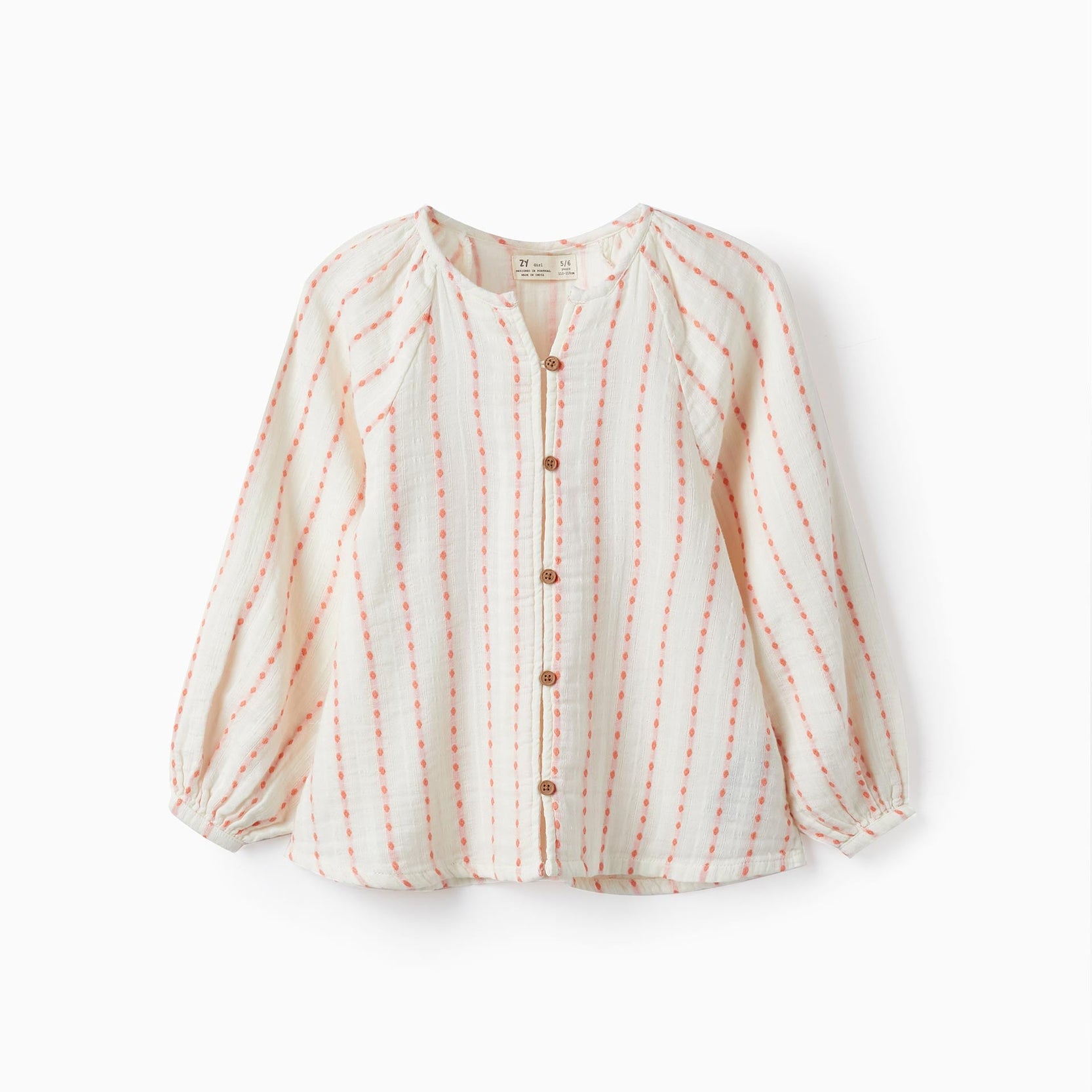 Cotton Shirt for Girls, White/Salmon