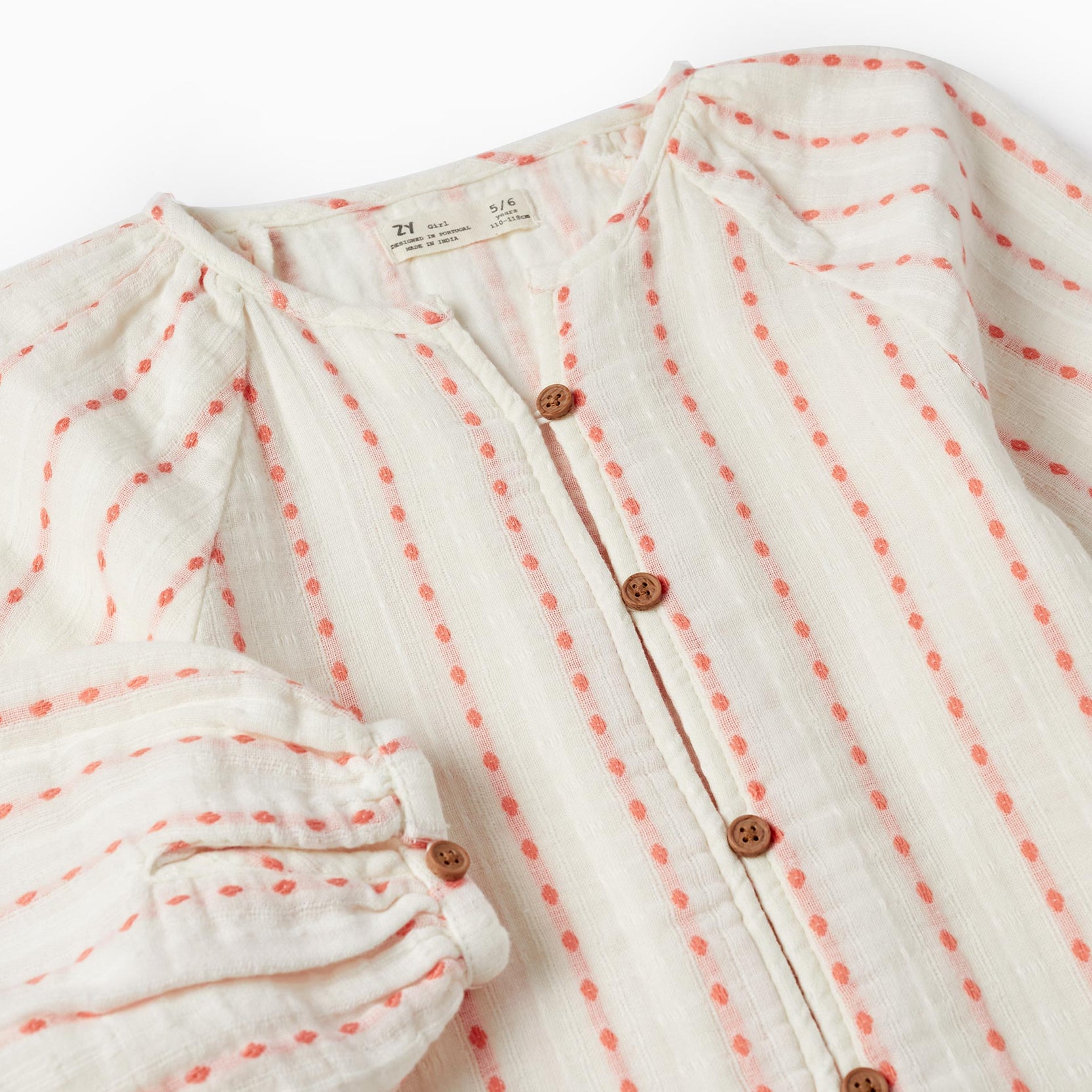 Cotton Shirt for Girls, White/Salmon