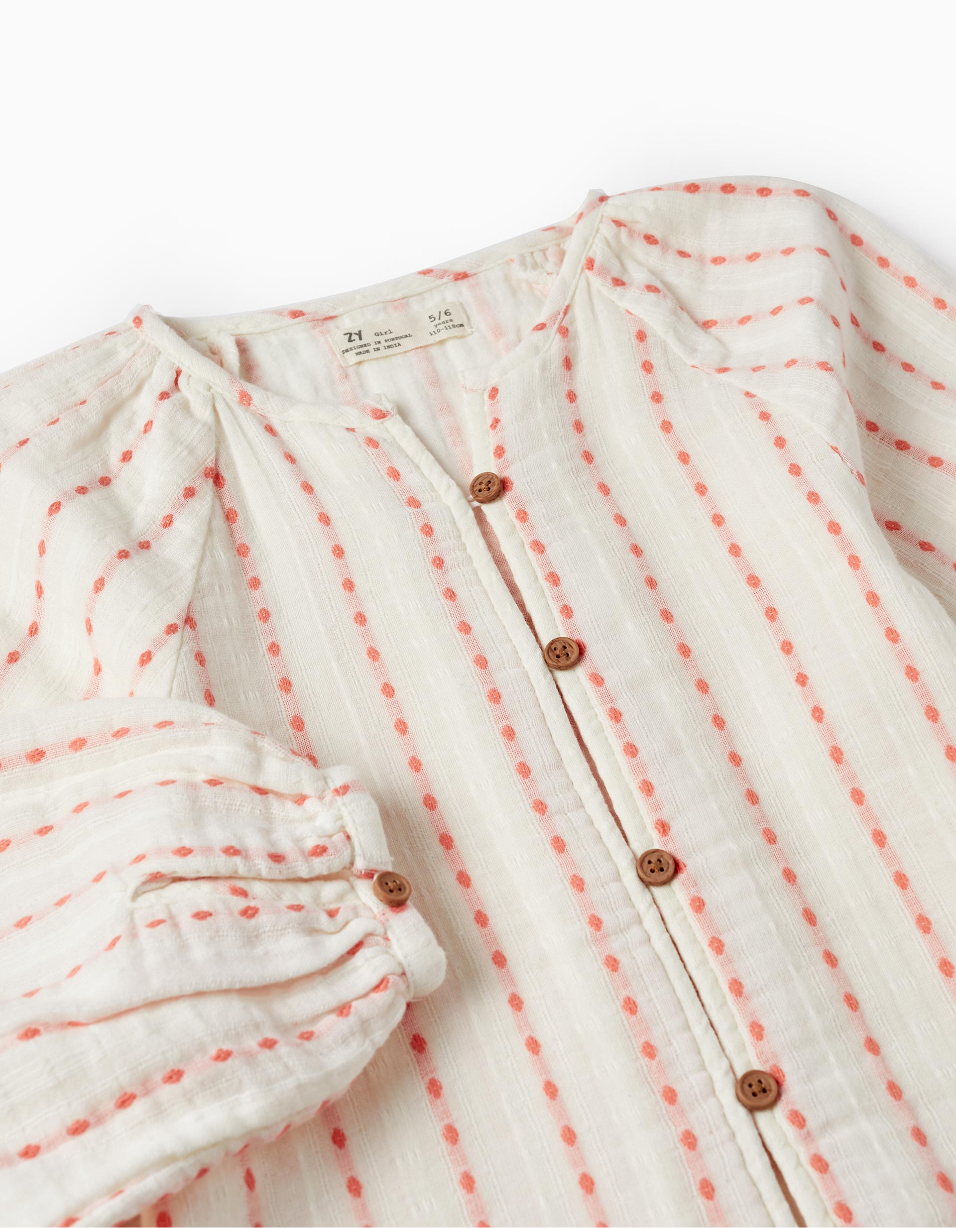 Cotton Shirt for Girls, White/Salmon