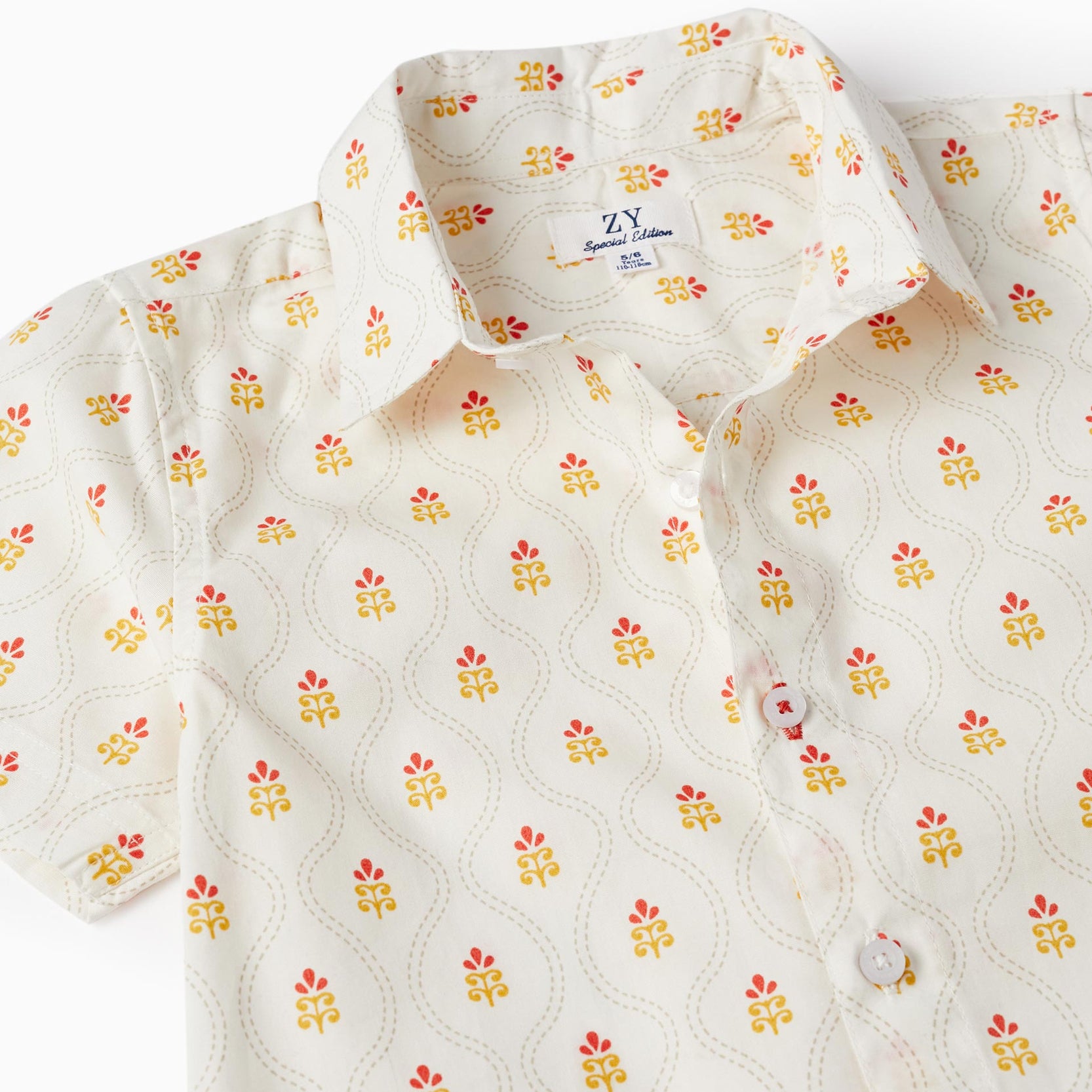 Short Sleeve Cotton Shirt for Boys, White/Yellow/Red