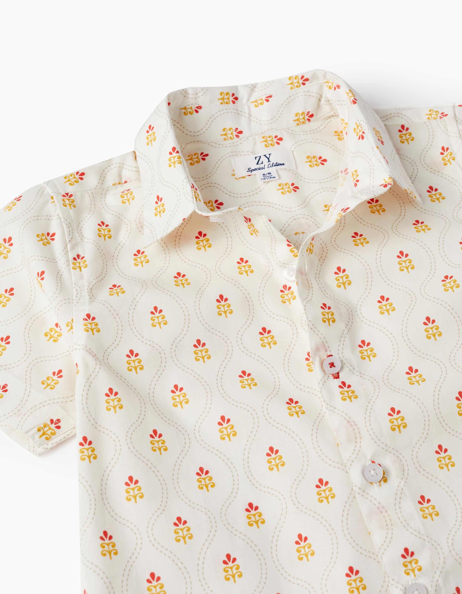Short Sleeve Cotton Shirt for Boys, White/Yellow/Red