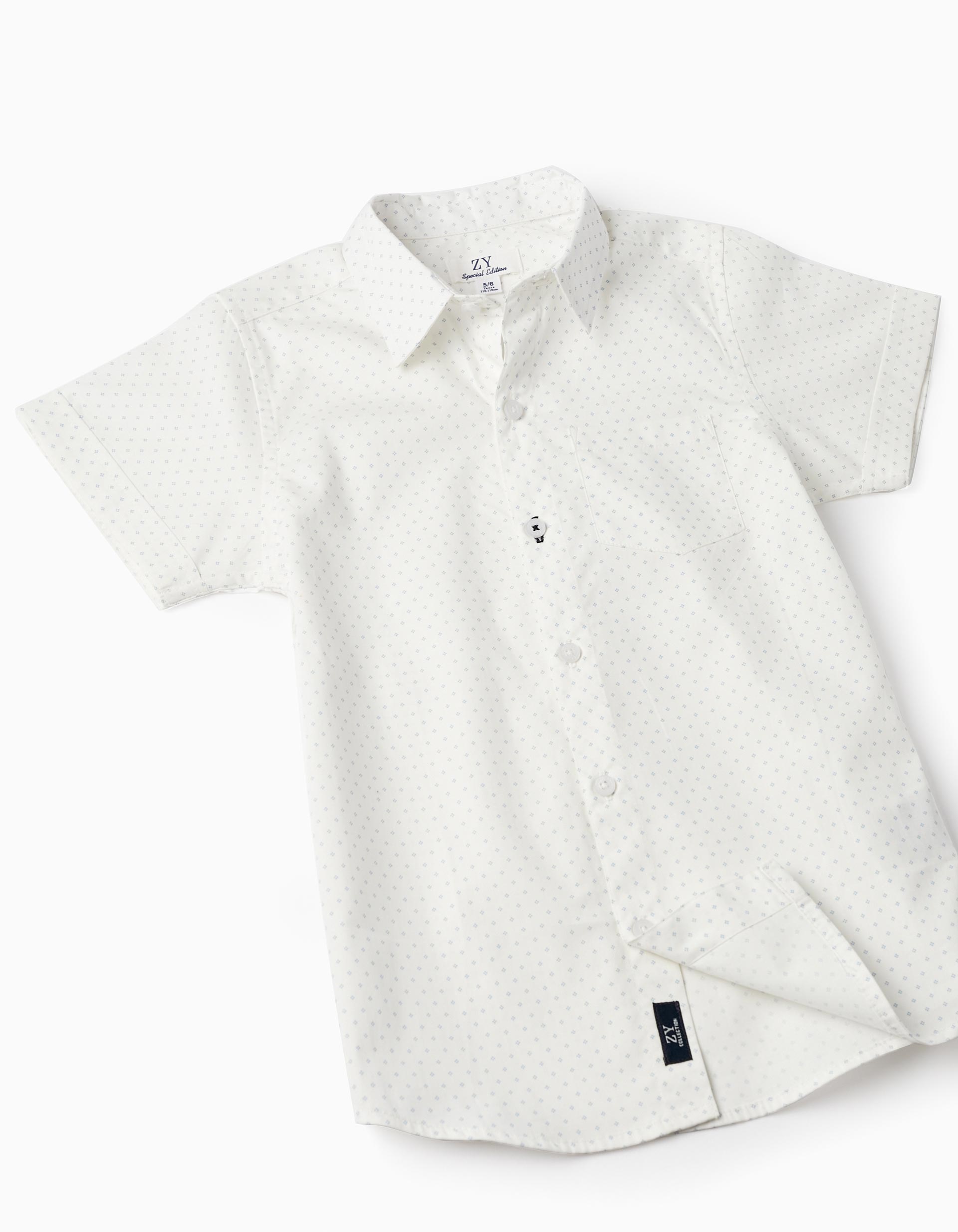 Short Sleeve Shirt + Shorts with Suspenders for Boys, White/Blue