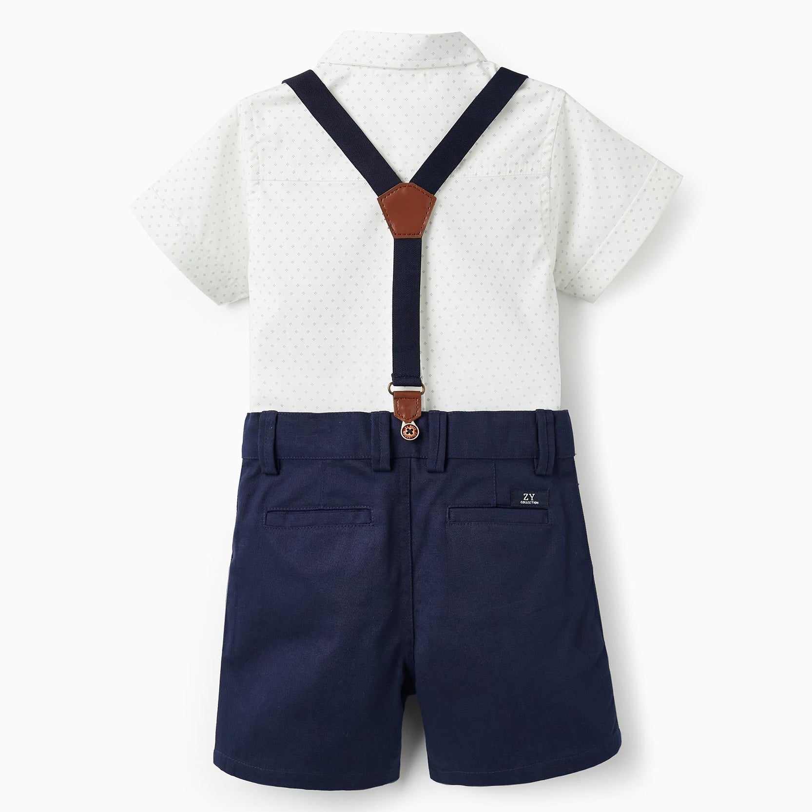 Short Sleeve Shirt + Shorts with Suspenders for Baby Boy, White/Blue