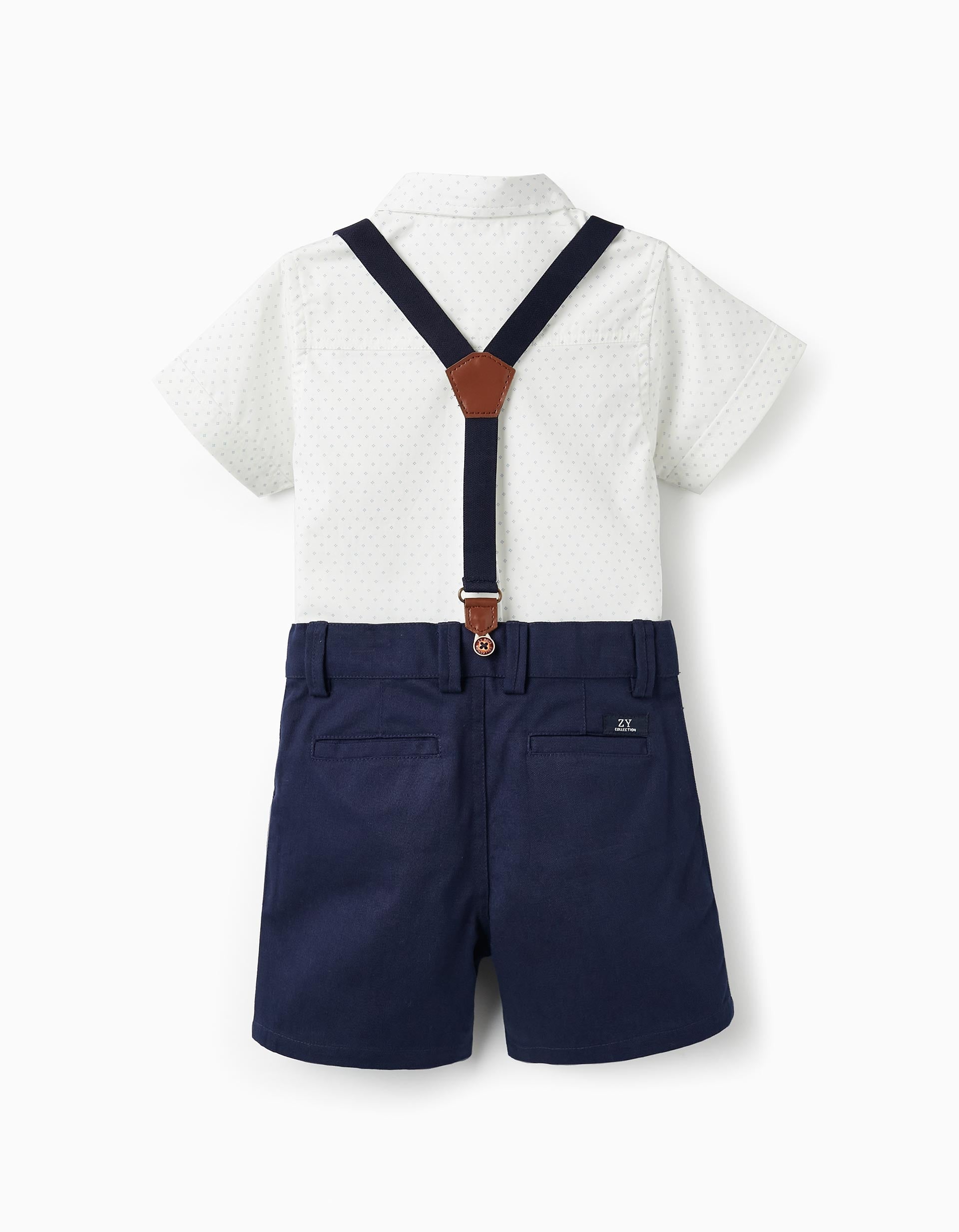 Short Sleeve Shirt + Shorts with Suspenders for Baby Boy, White/Blue