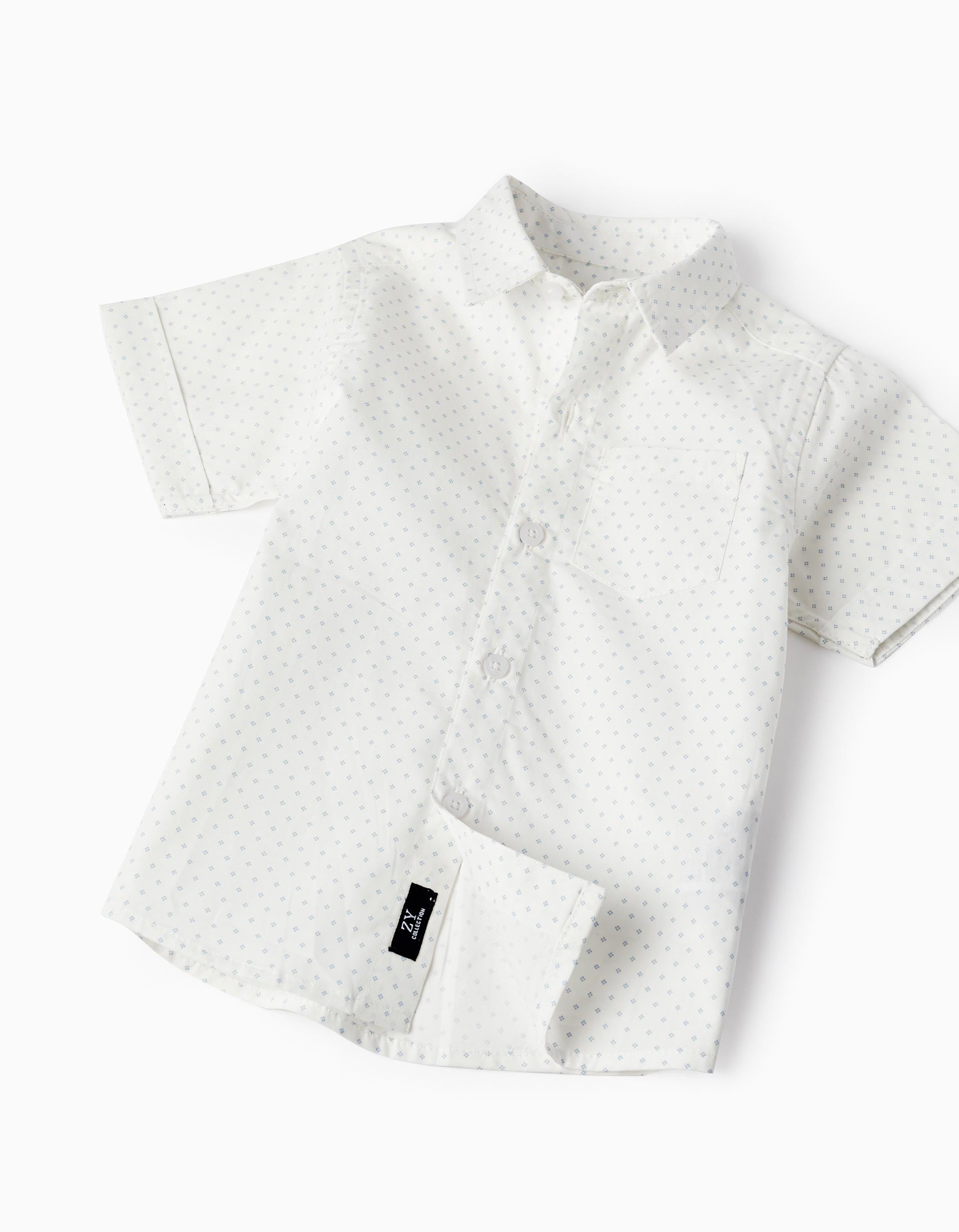 Short Sleeve Shirt + Shorts with Suspenders for Baby Boy, White/Blue
