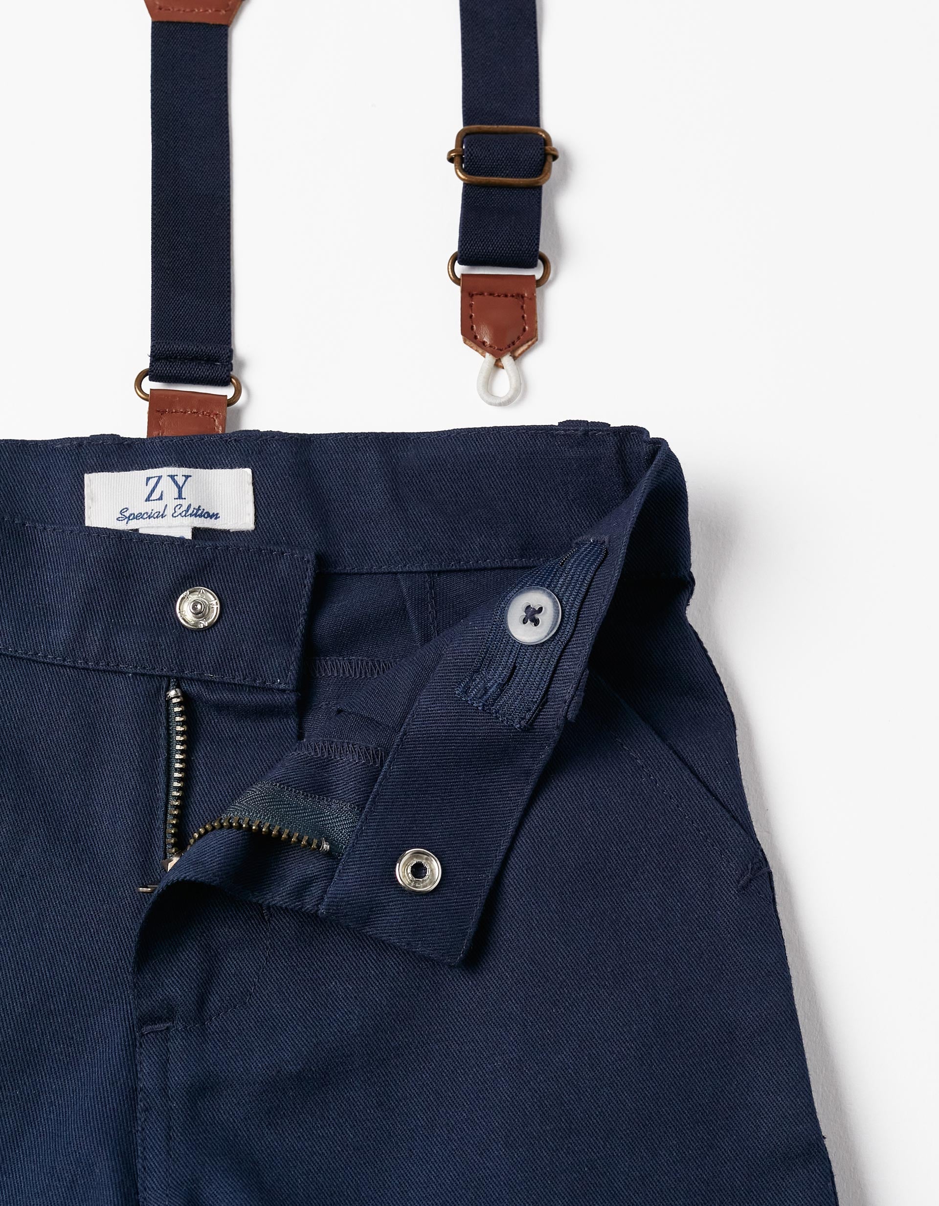 Short Sleeve Shirt + Shorts with Suspenders for Baby Boy, White/Blue