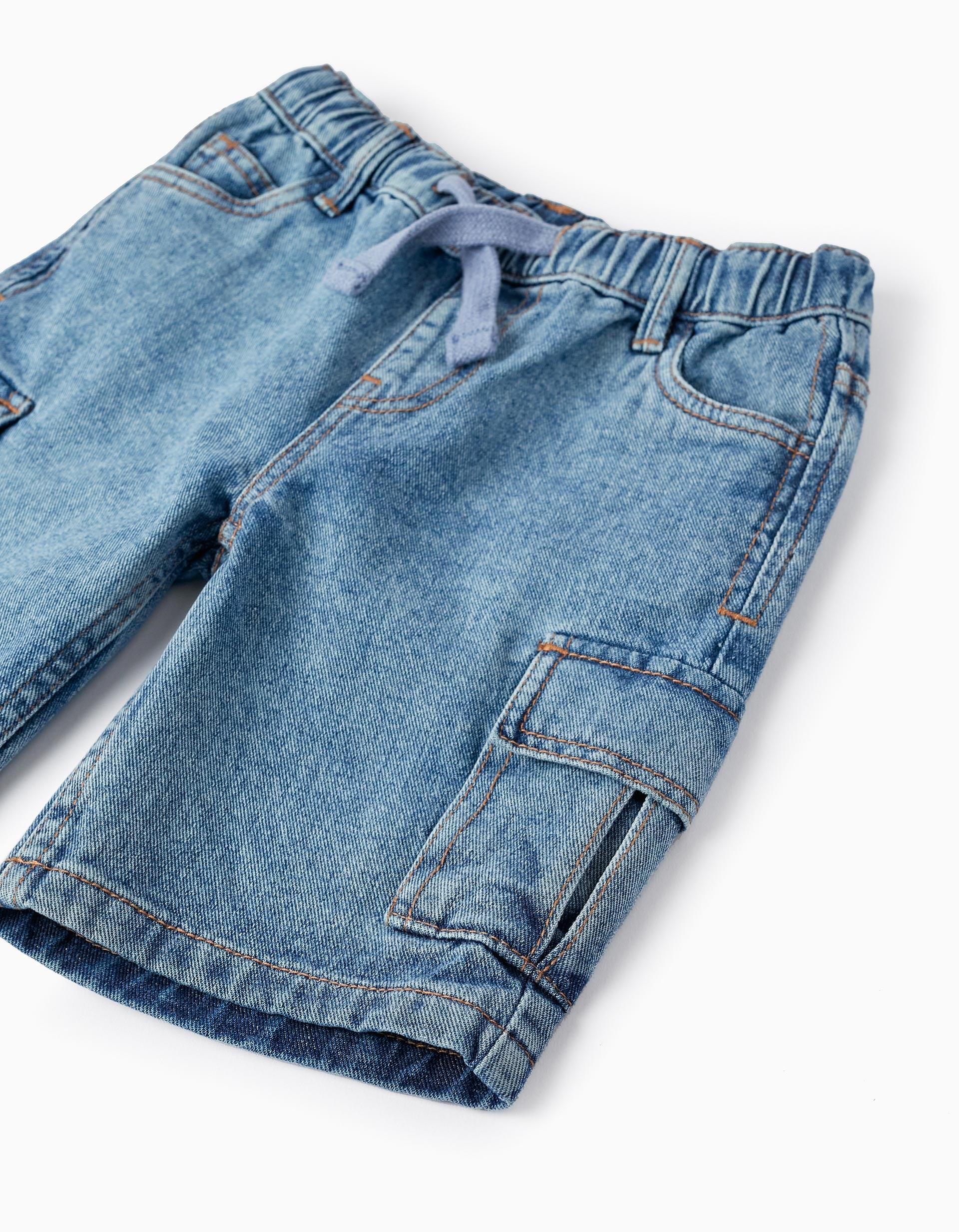 Cotton Denim Shorts with Cargo Pockets for Boys, Blue