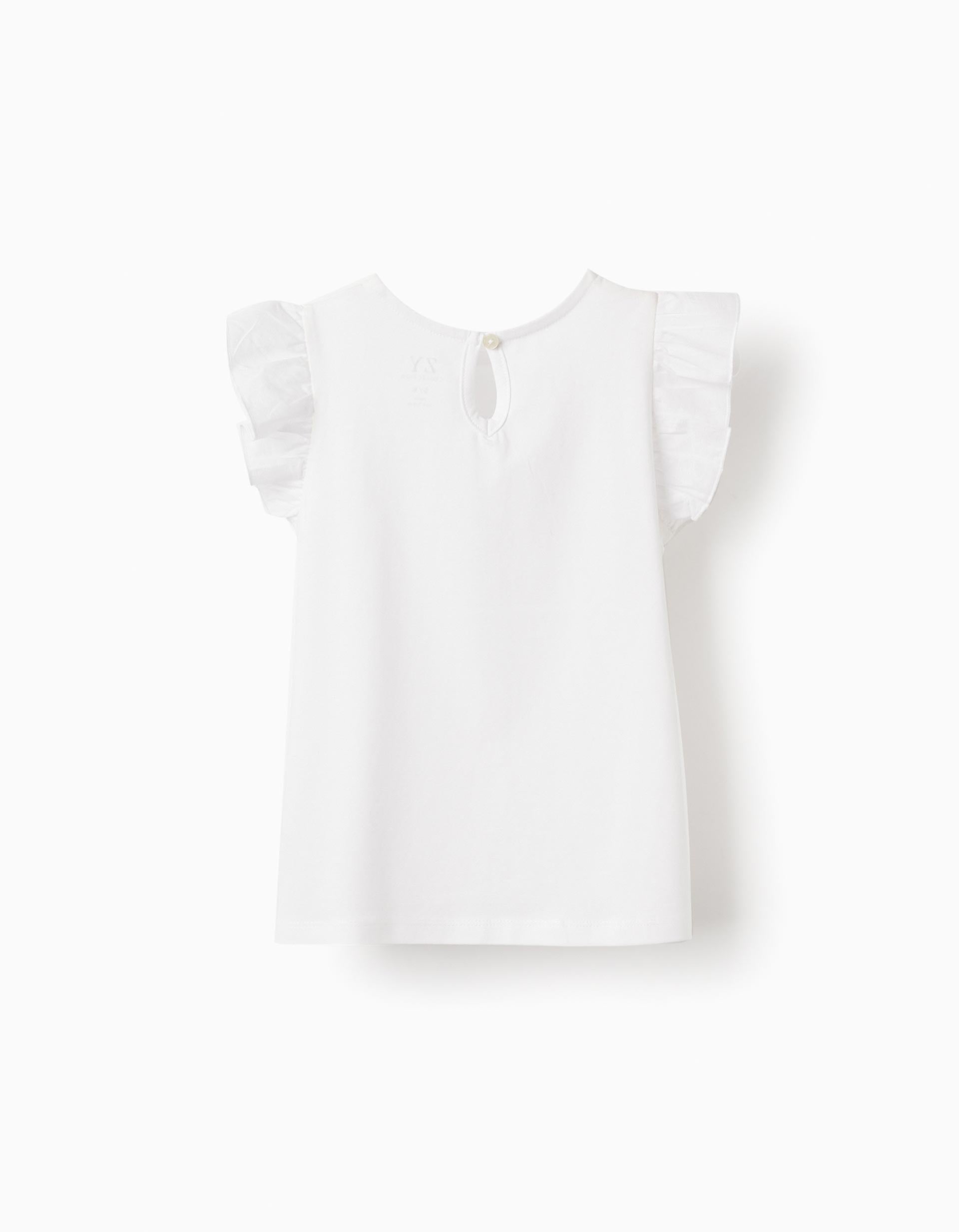 Cotton T-shirt with Ruffles for Girls 'Flowers', White