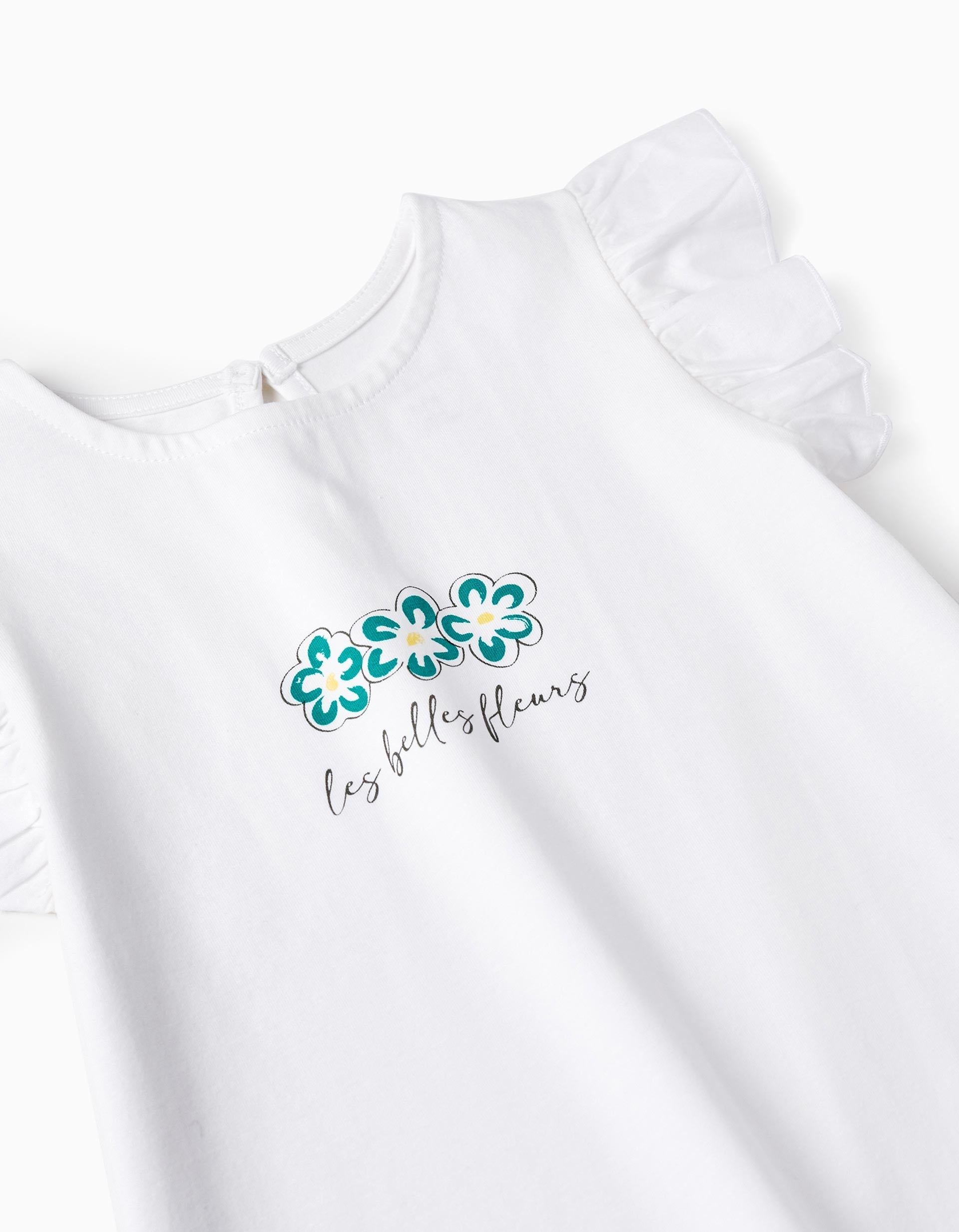 Cotton T-shirt with Ruffles for Girls 'Flowers', White