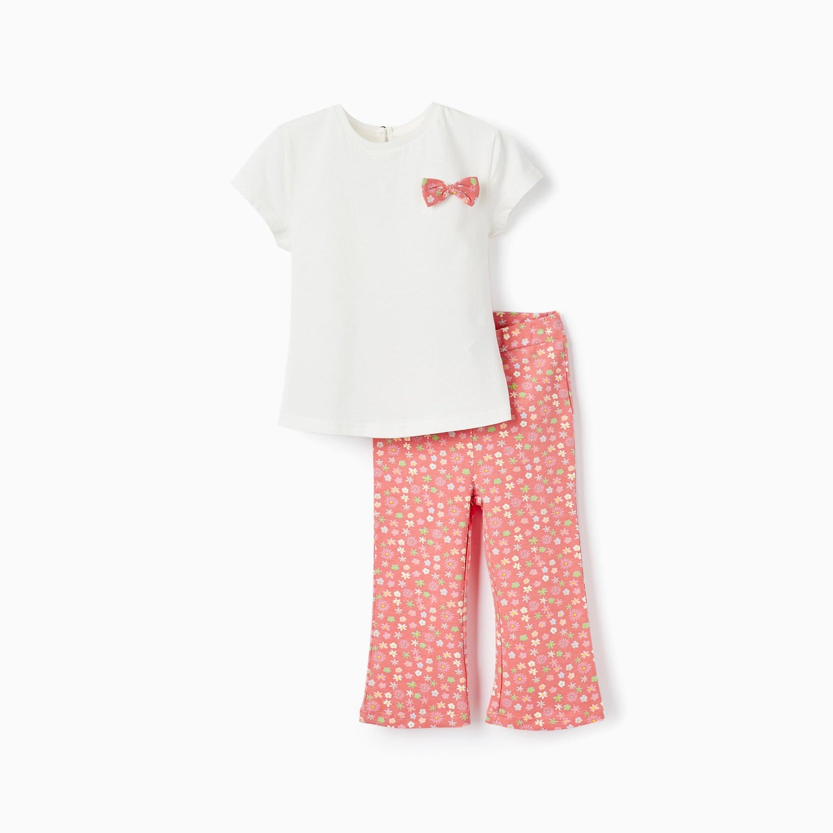 T-Shirt with Bow + Patterned Leggings for Baby Girls, White/Coral