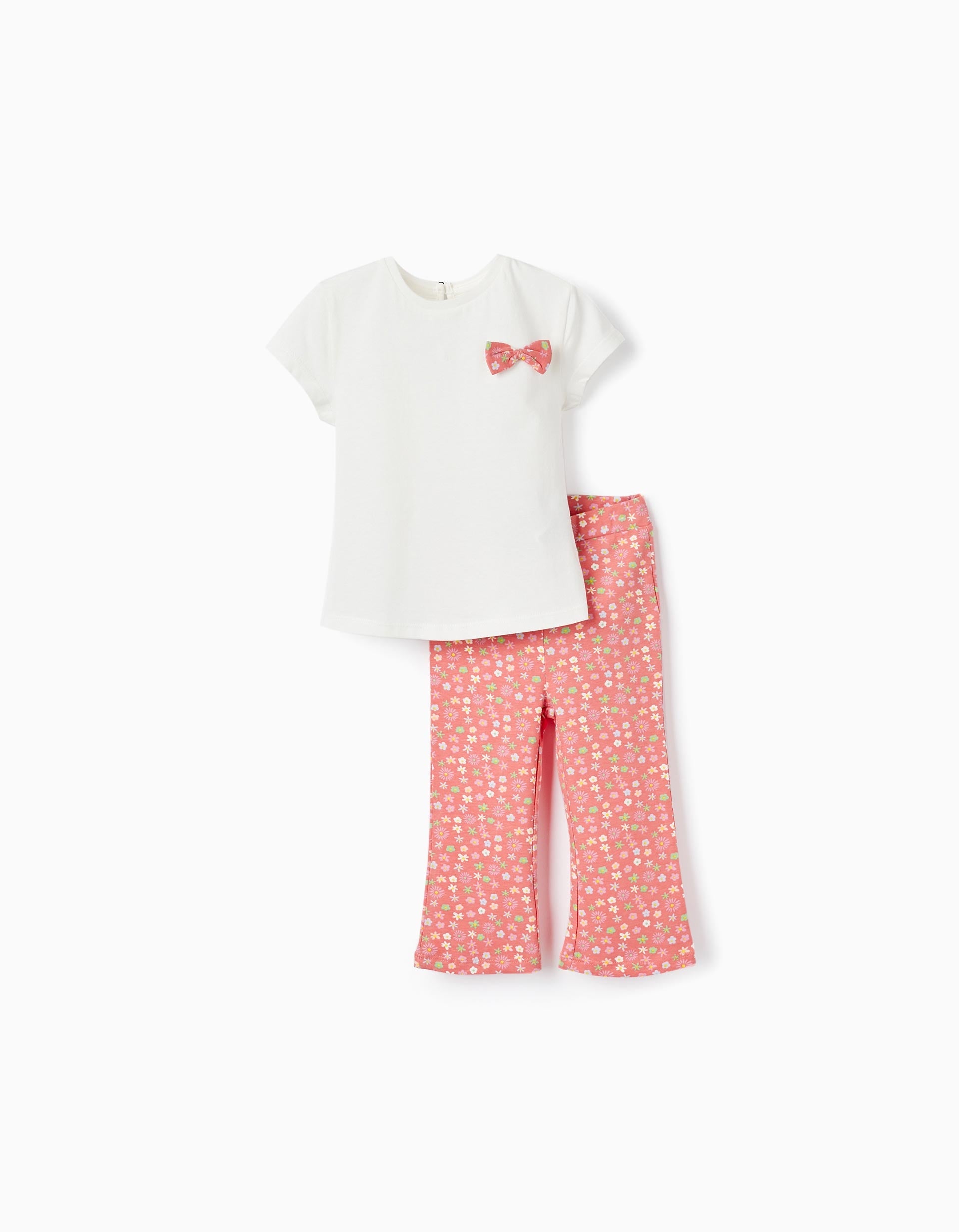 T-Shirt with Bow + Patterned Leggings for Baby Girls, White/Coral