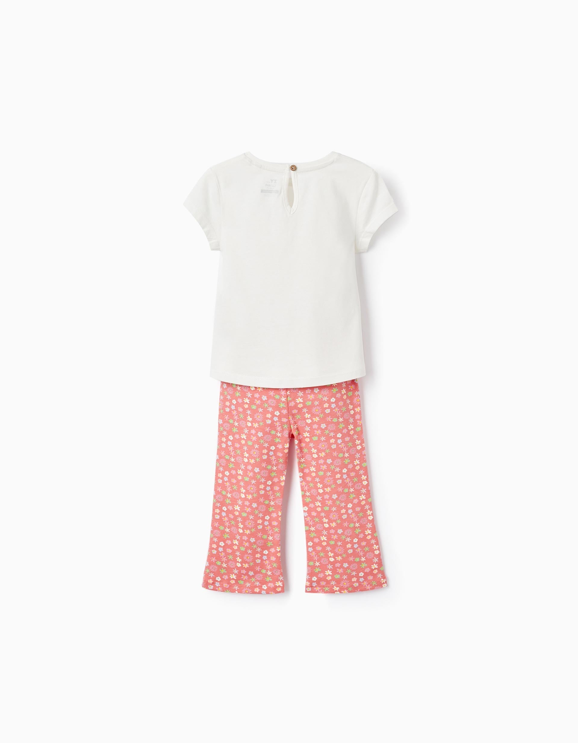 T-Shirt with Bow + Patterned Leggings for Baby Girls, White/Coral