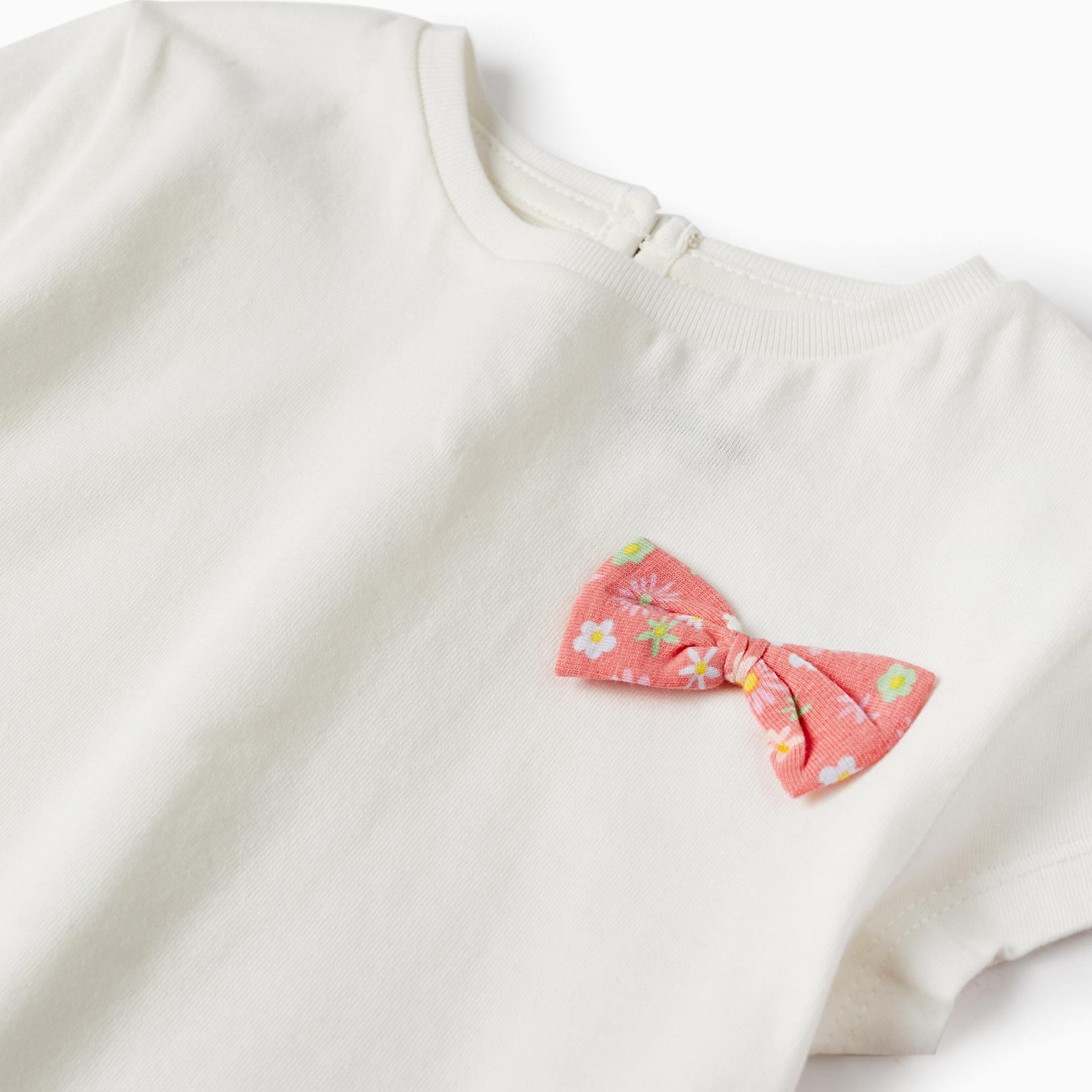T-Shirt with Bow + Patterned Leggings for Baby Girls, White/Coral