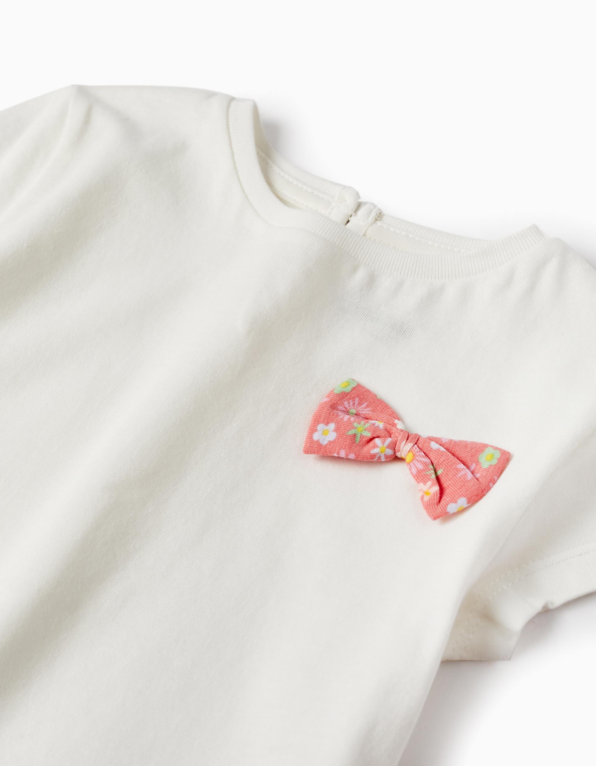 T-Shirt with Bow + Patterned Leggings for Baby Girls, White/Coral