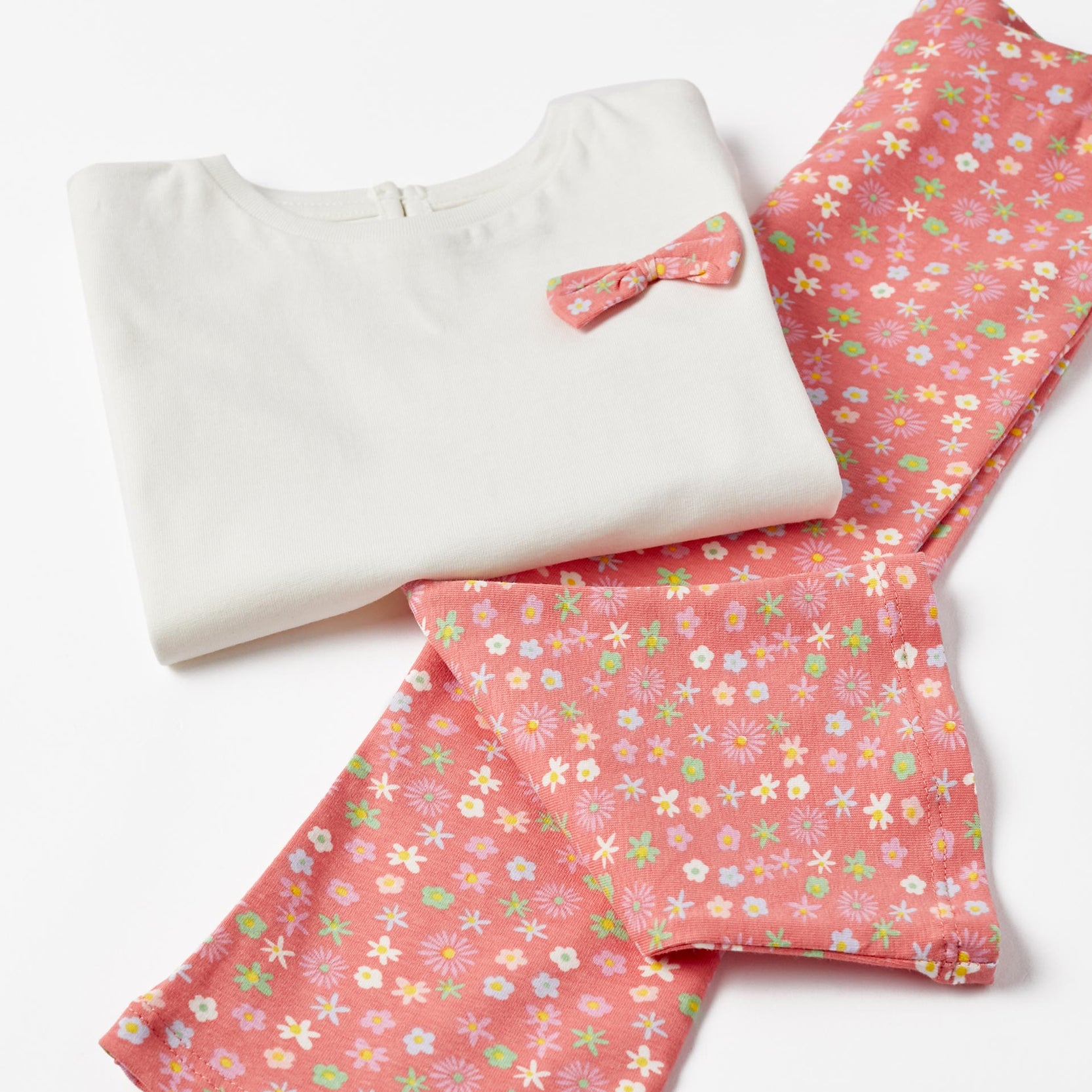 T-Shirt with Bow + Patterned Leggings for Baby Girls, White/Coral