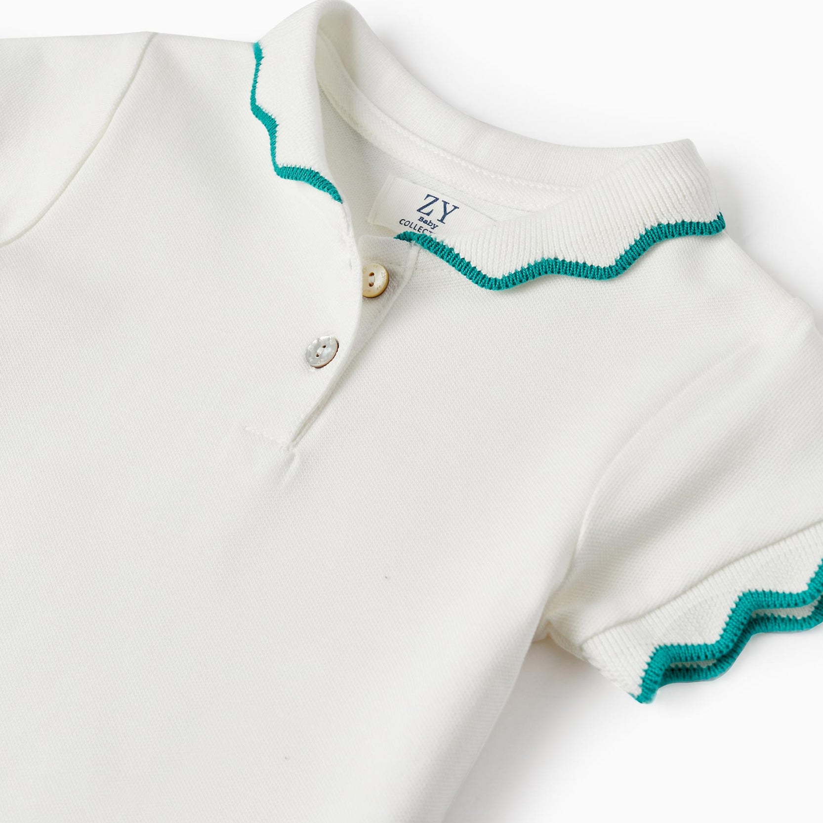 Cotton Piqué Polo-T-shirt for Baby Girls, White/Green