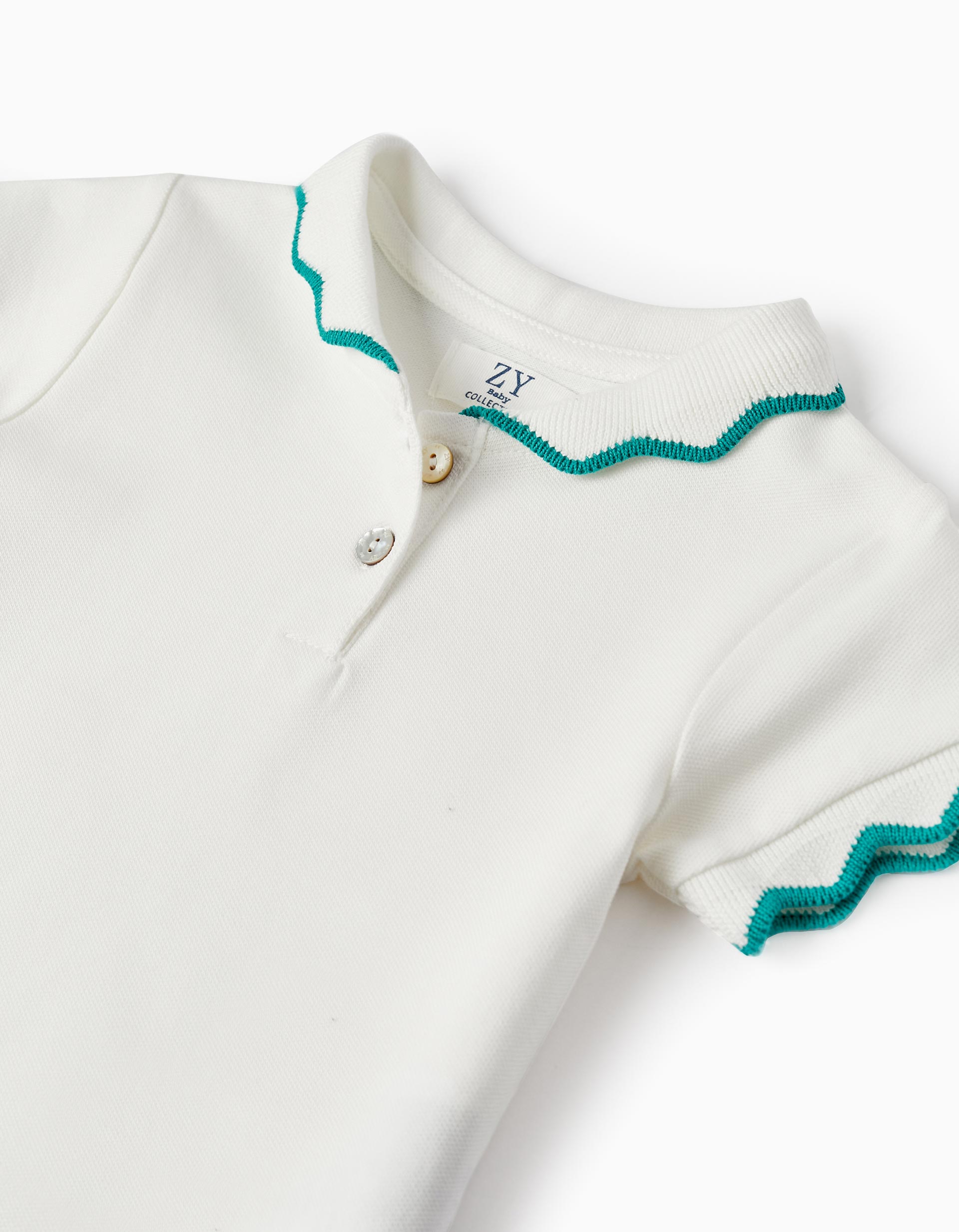 Cotton Piqué Polo-T-shirt for Baby Girls, White/Green