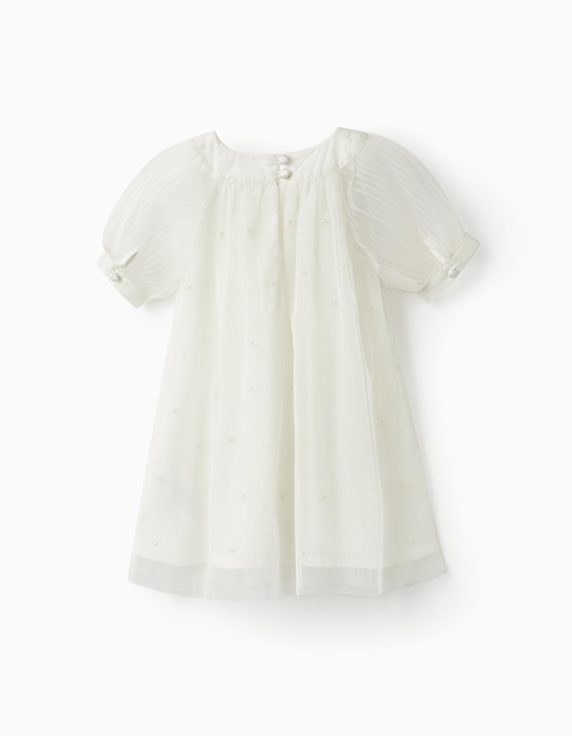 Dress in Tulle and Cotton for Baby Girls 'Special Days - Pearls', White