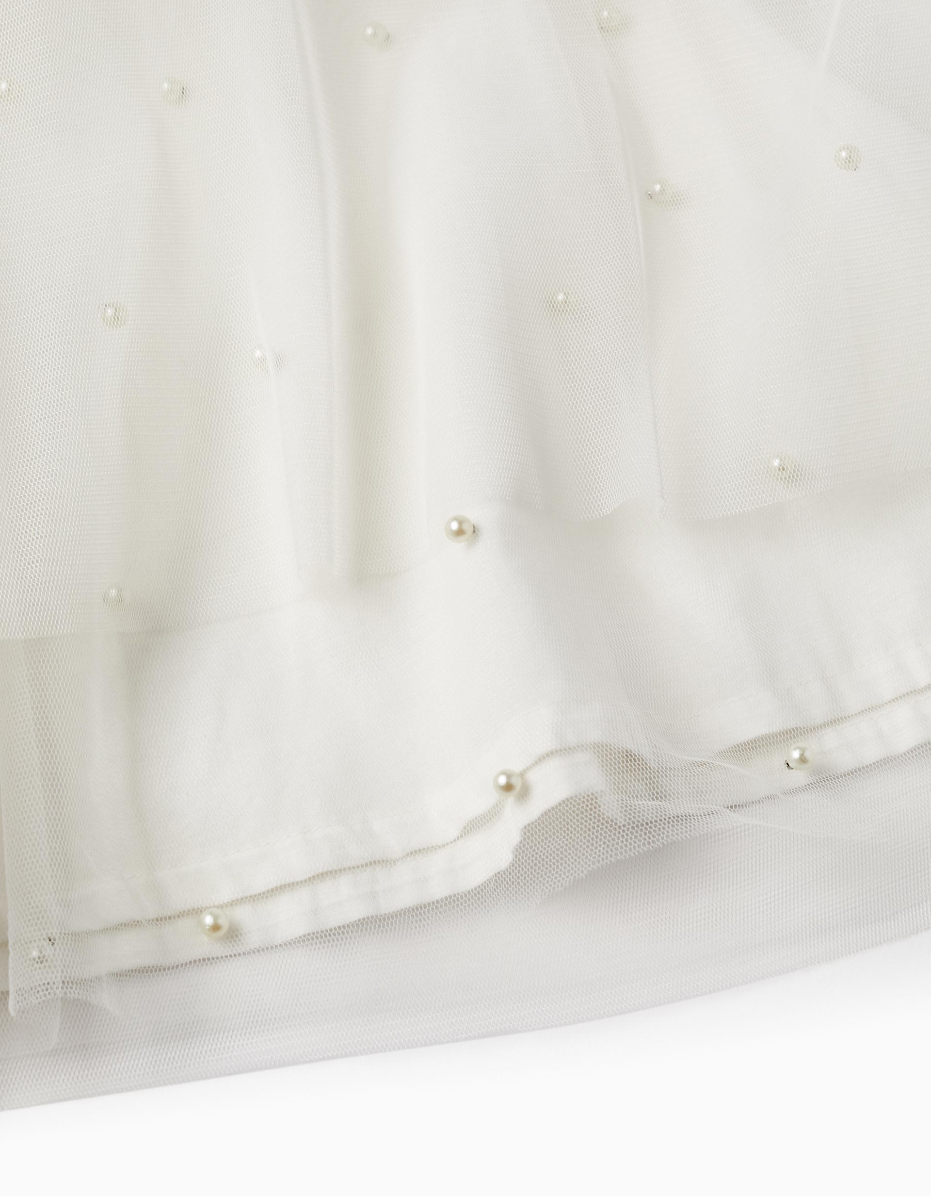 Dress in Tulle and Cotton for Baby Girls 'Special Days - Pearls', White