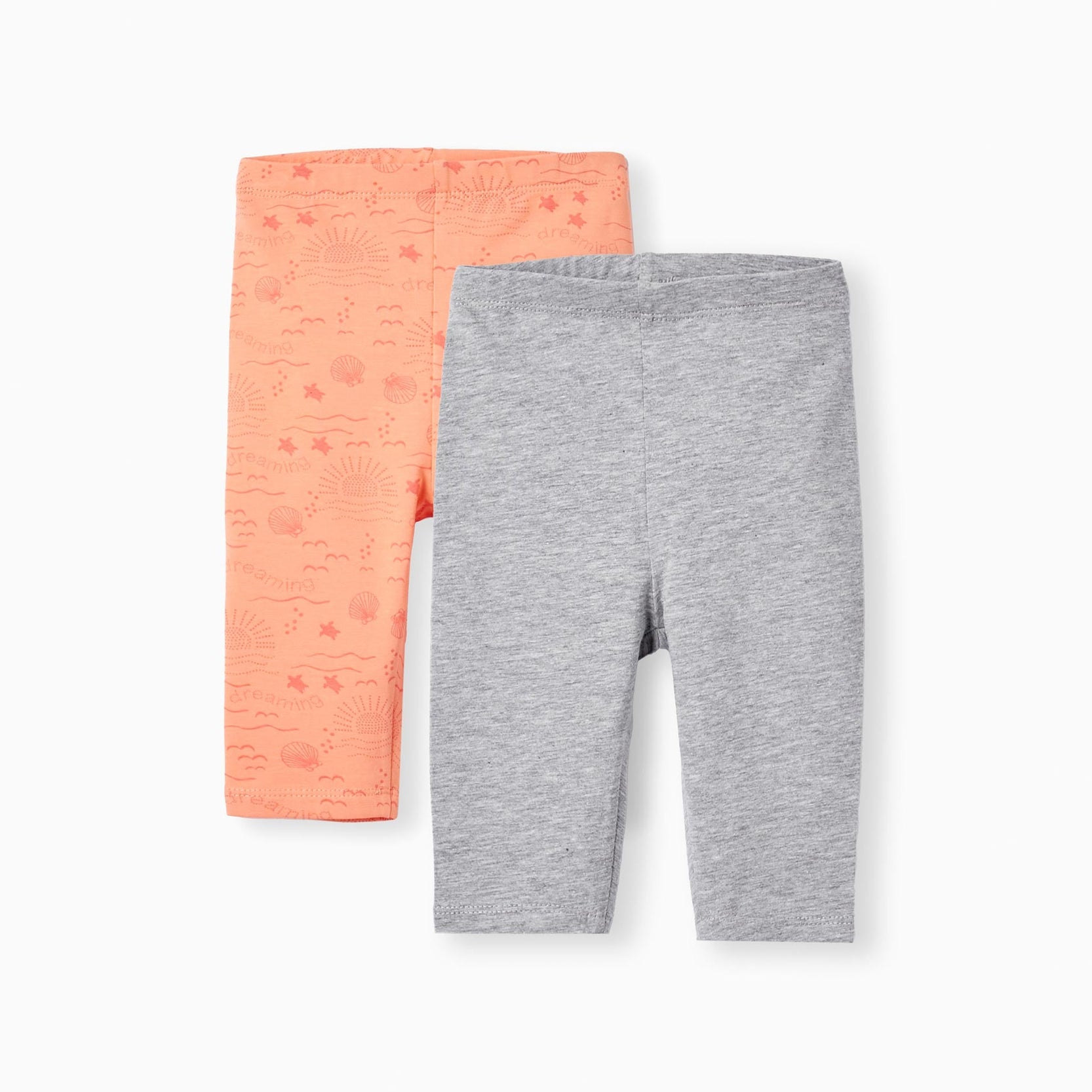 2 Short Cotton Leggings for Baby Girls, Coral/Grey