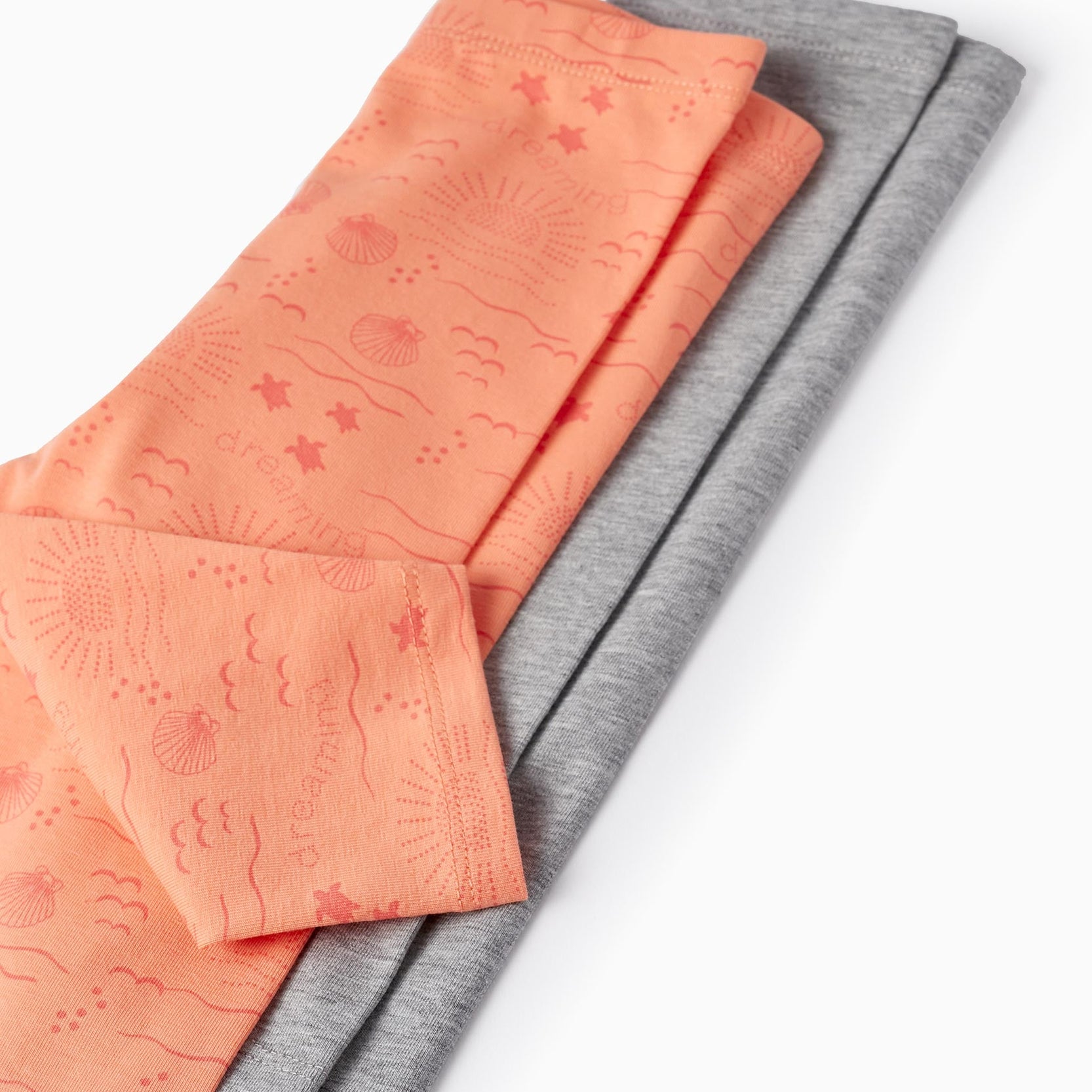 2 Short Cotton Leggings for Baby Girls, Coral/Grey