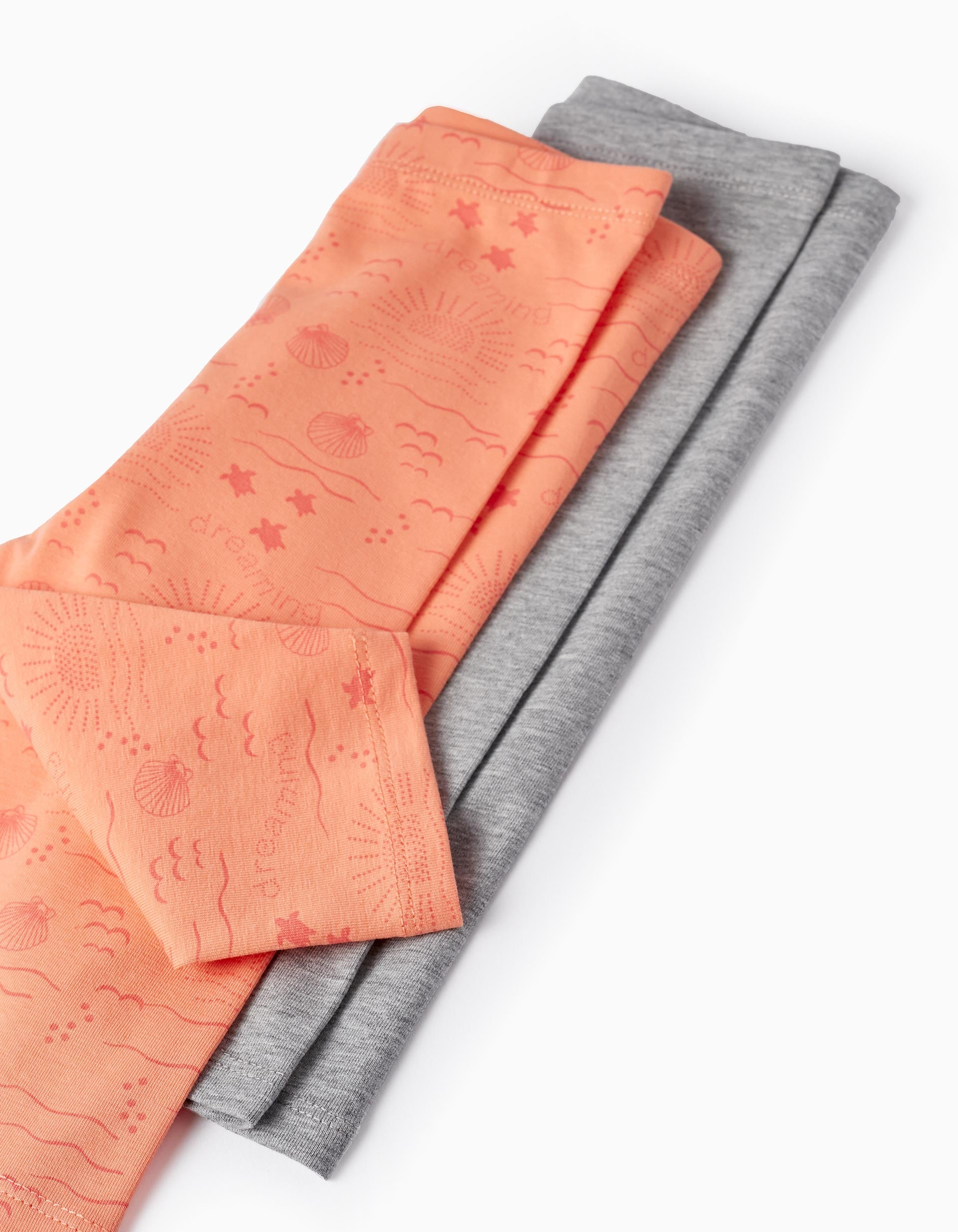 2 Short Cotton Leggings for Baby Girls, Coral/Grey