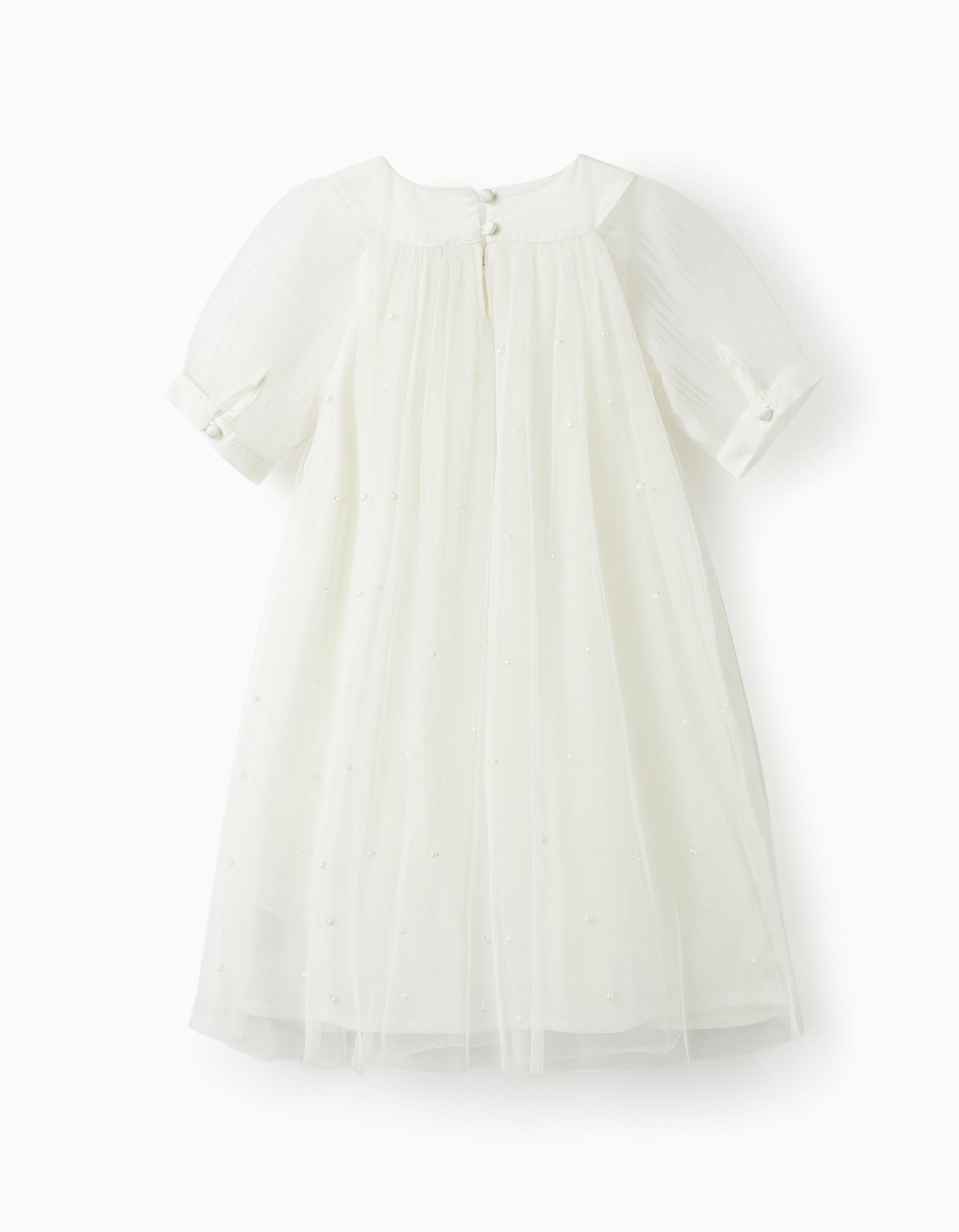 Dress in Tulle and Cotton for Girls 'Special Days - Pearls', White