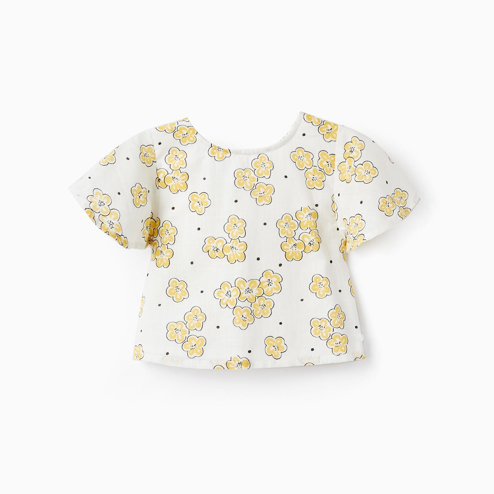 Cropped Style Blouse with Floral Pattern and Bows, White/Yellow