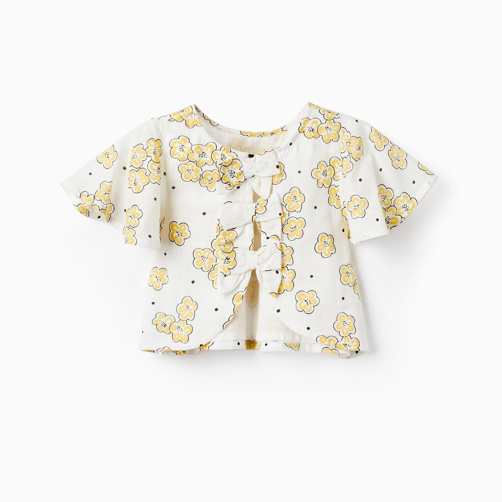 Cropped Style Blouse with Floral Pattern and Bows, White/Yellow