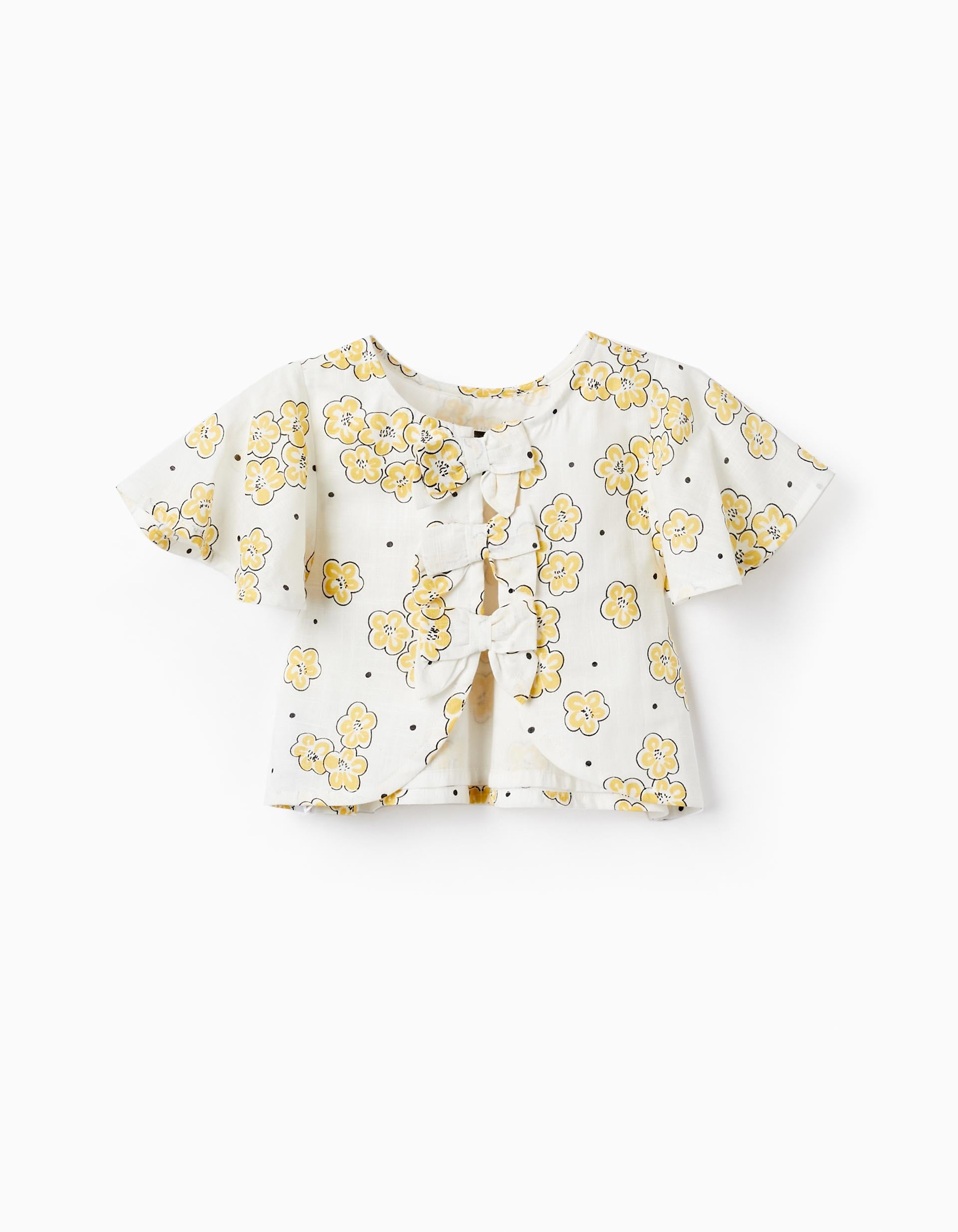 Cropped Style Blouse with Floral Pattern and Bows, White/Yellow