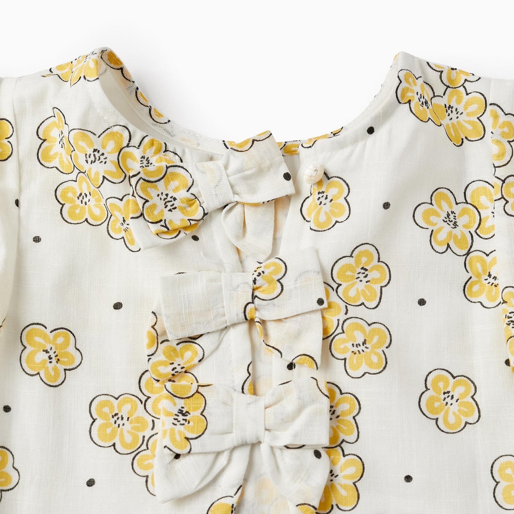 Cropped Style Blouse with Floral Pattern and Bows, White/Yellow