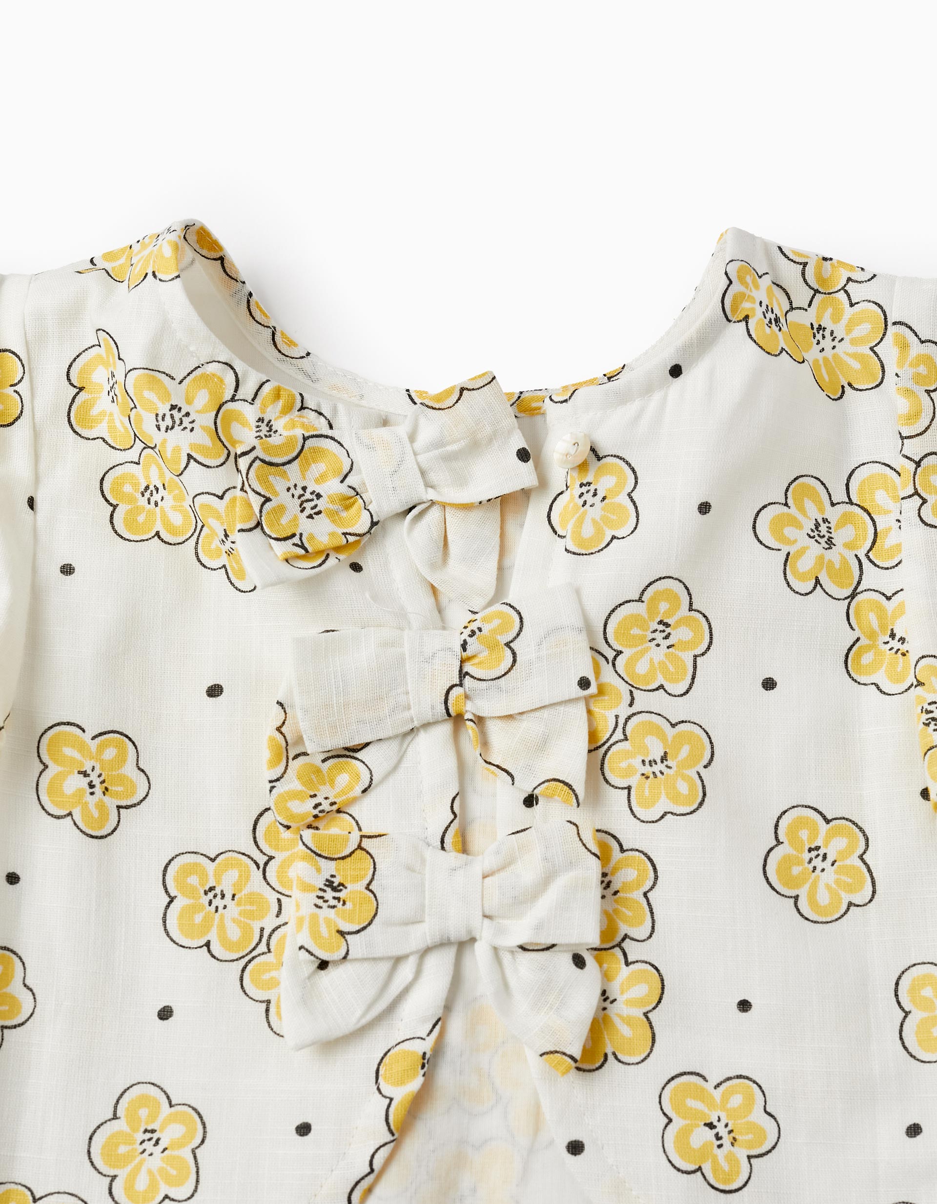 Cropped Style Blouse with Floral Pattern and Bows, White/Yellow