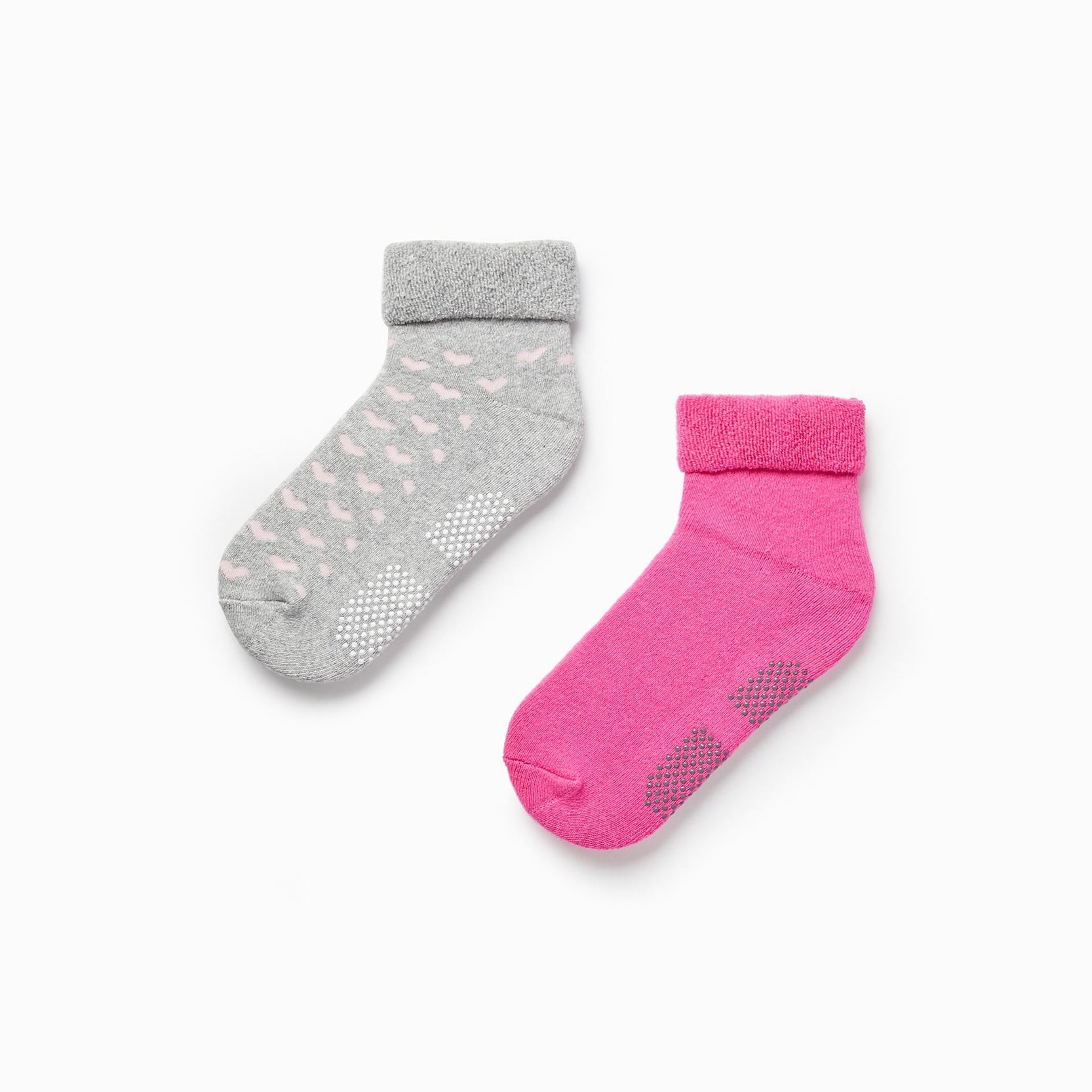 Pack of 2 Pairs of Thick Non-Slip Socks for Girls, Grey/Pink