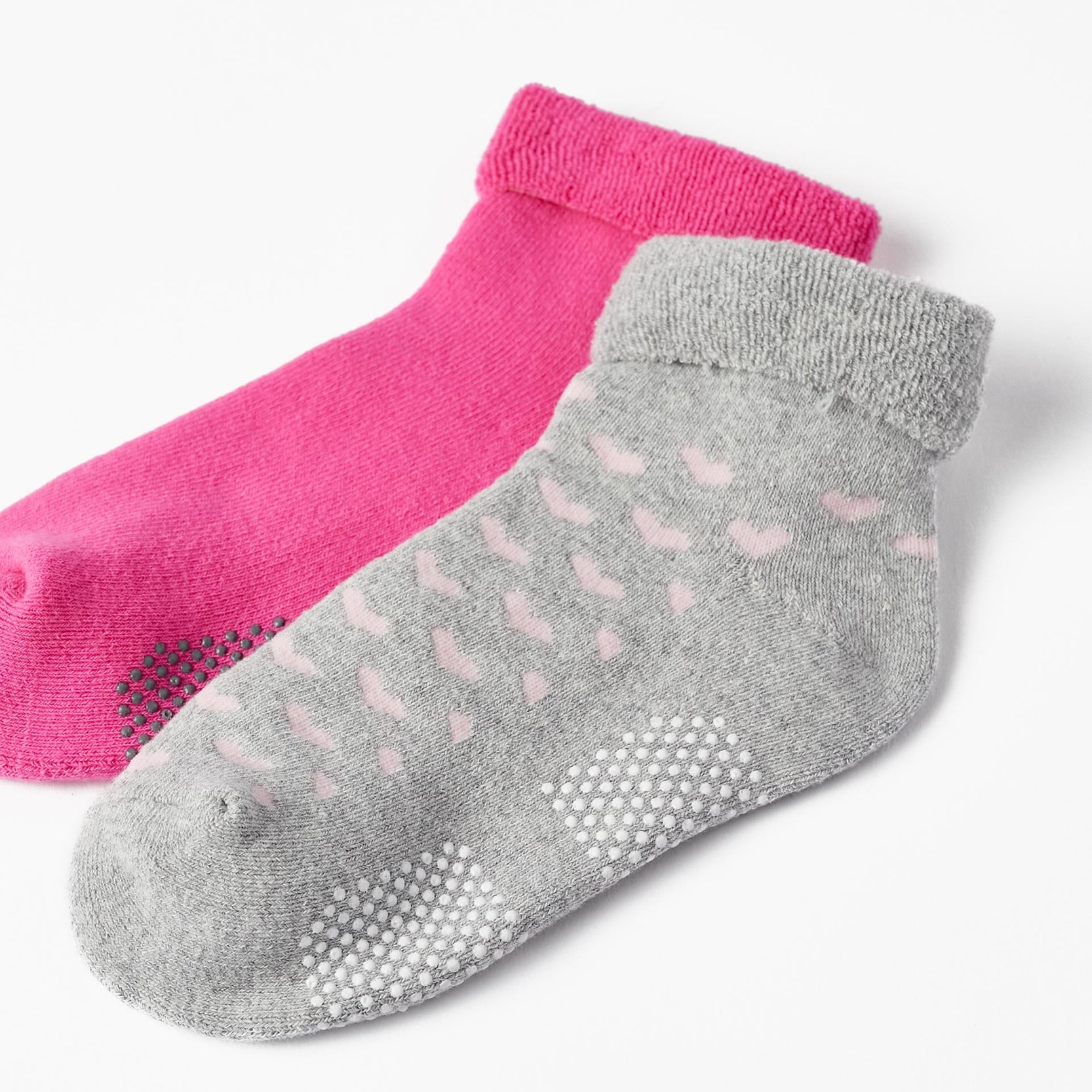 Pack of 2 Pairs of Thick Non-Slip Socks for Girls, Grey/Pink