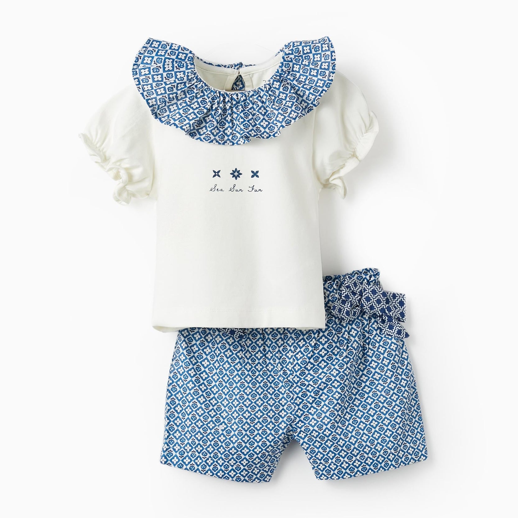 T-Shirt + Shorts with Bows for Baby Girls, White/Blue