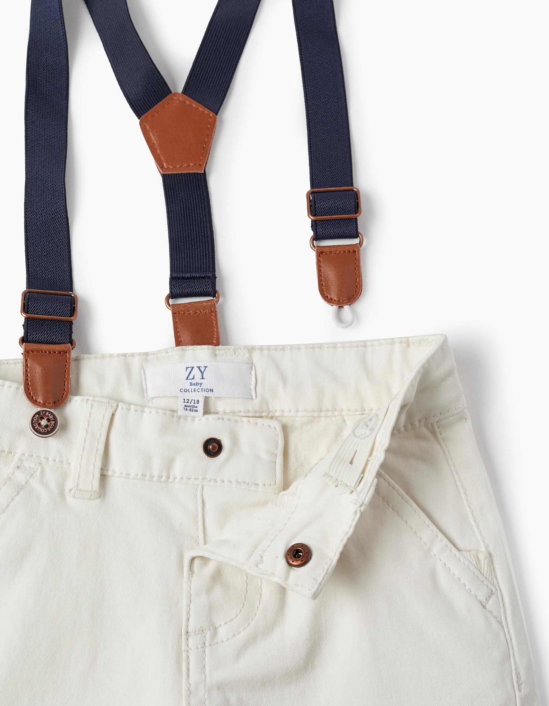 Twill Shorts with Suspenders for Baby Boys, White