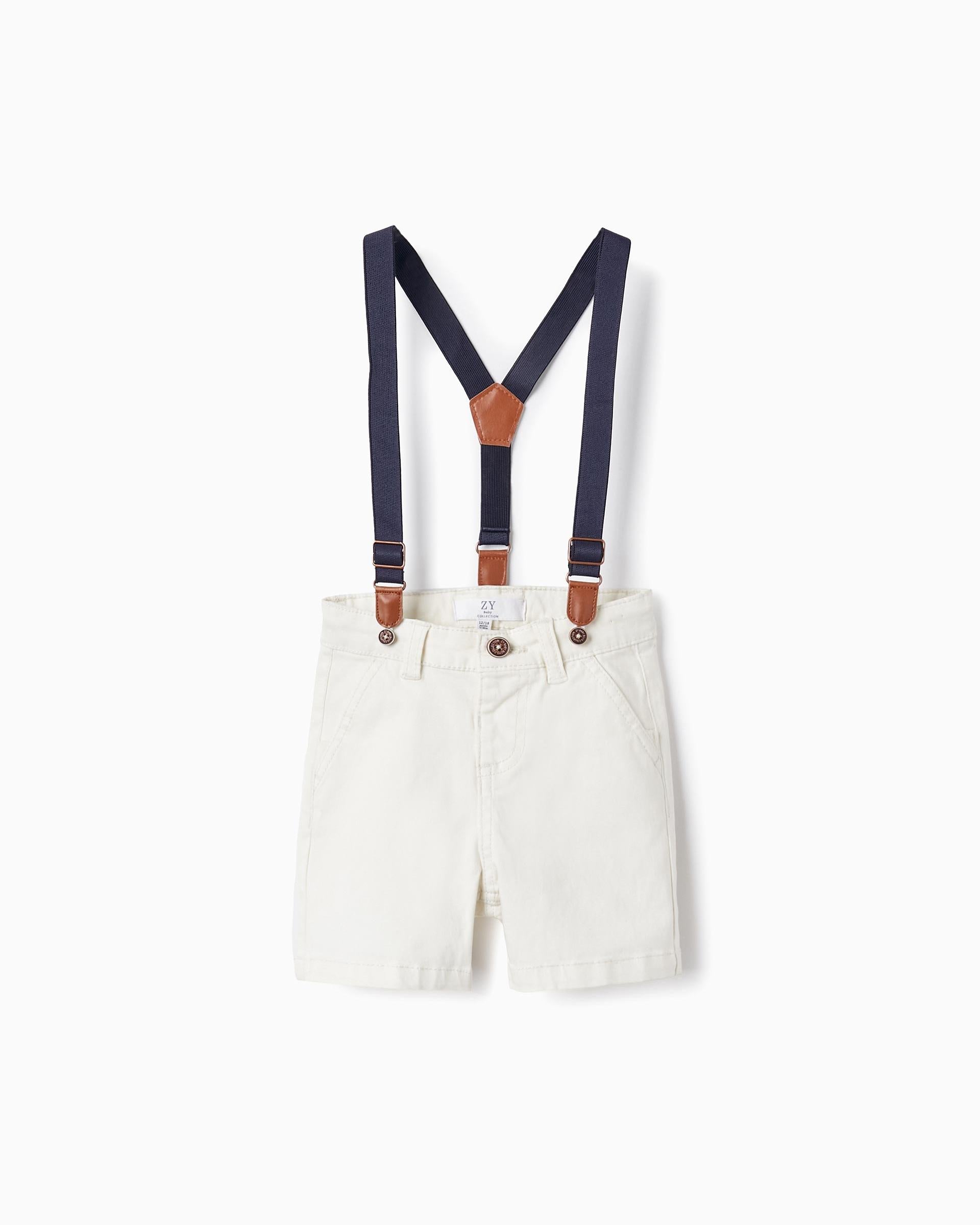 Twill Shorts with Suspenders for Baby Boys, White