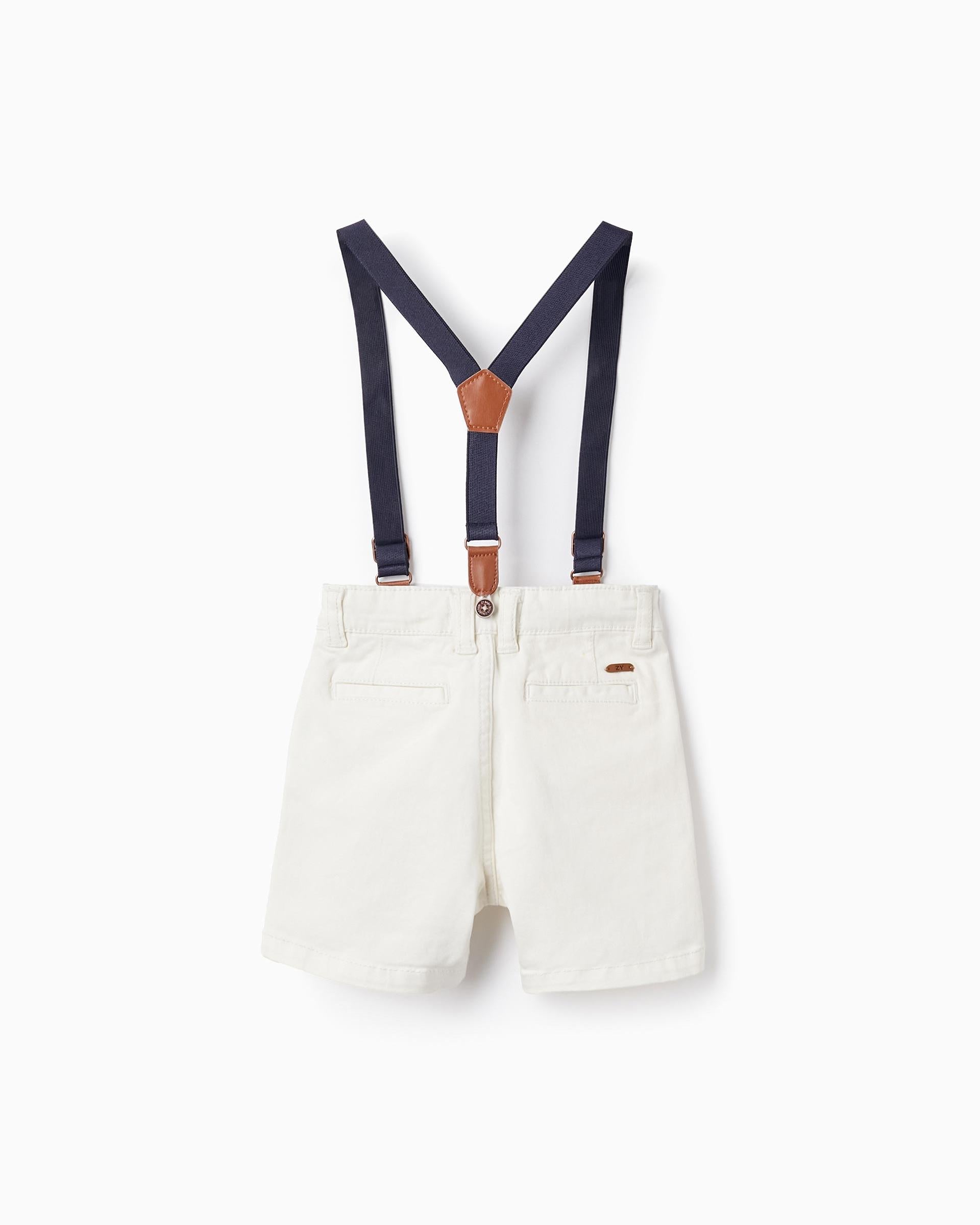 Twill Shorts with Suspenders for Baby Boys, White