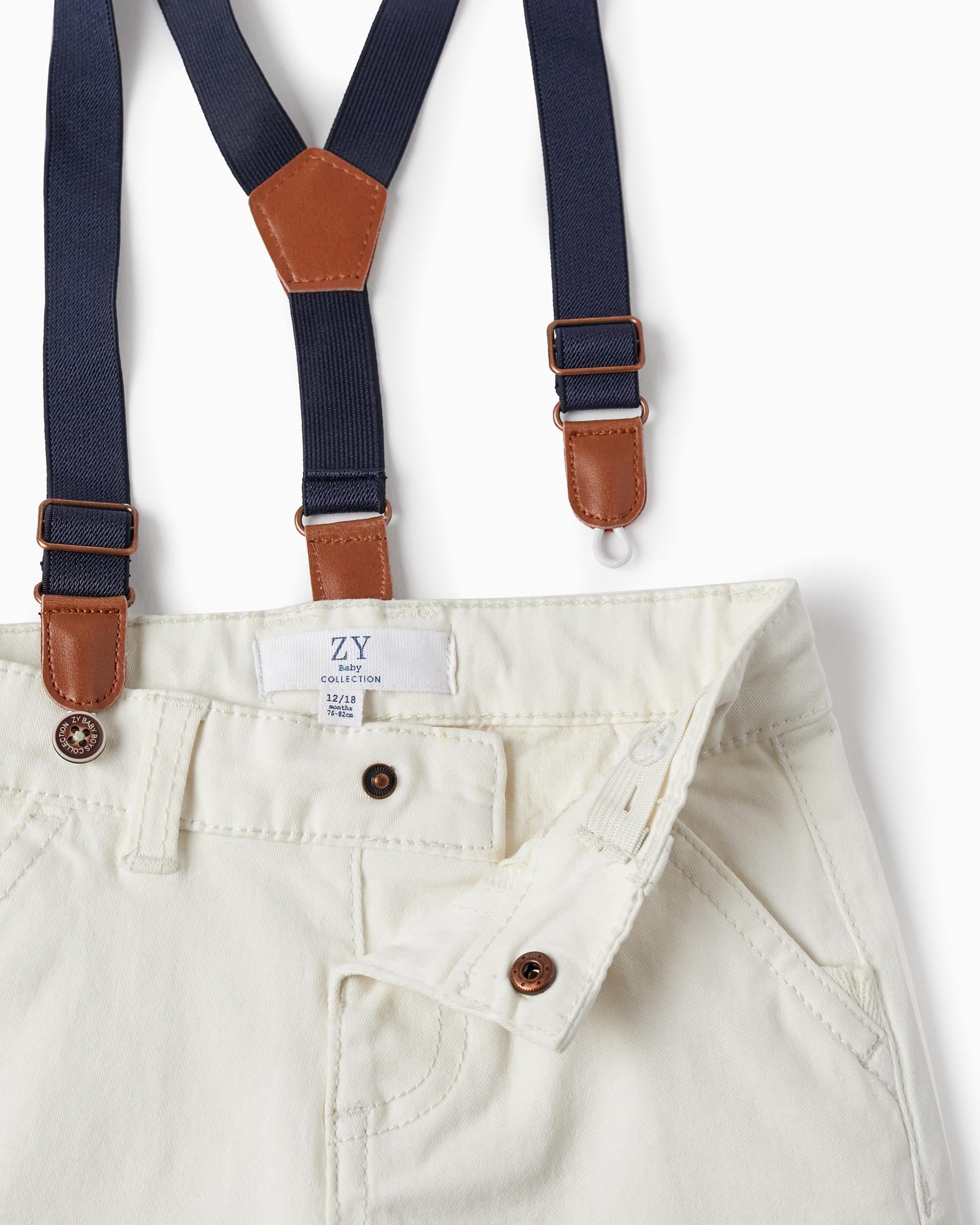 Twill Shorts with Suspenders for Baby Boys, White