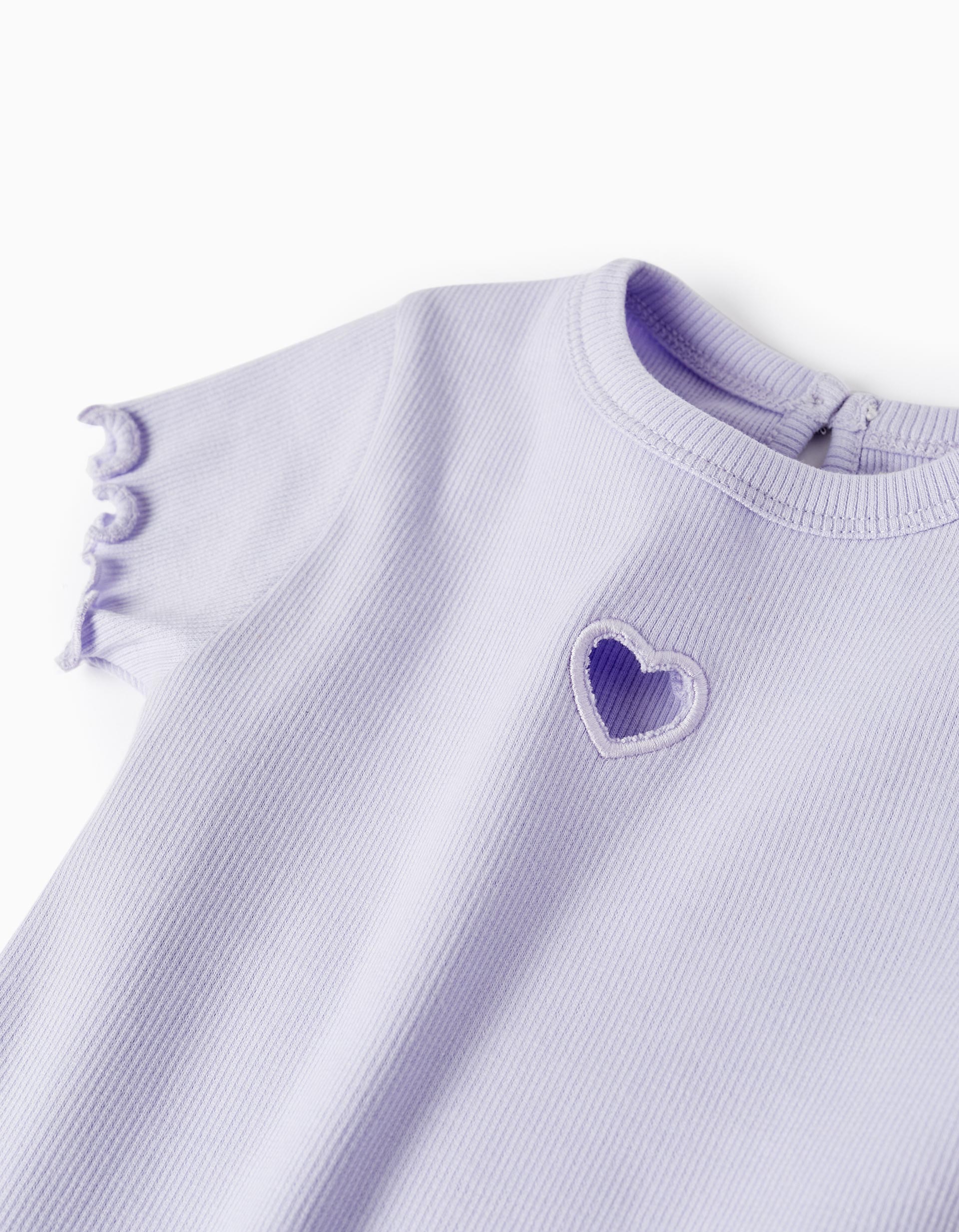 Ribbed Short Sleeve T-Shirt with Heart for Baby Girls, Lilac
