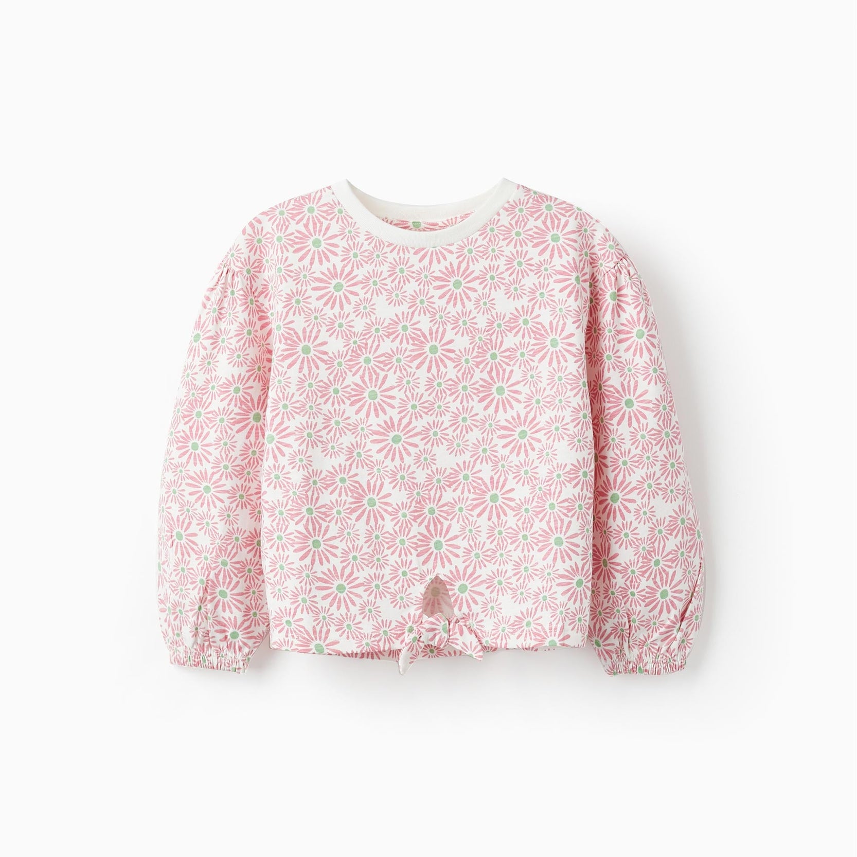 Long Sleeve T-Shirt with Knot for Girls 'Floral', White/Pink/Green