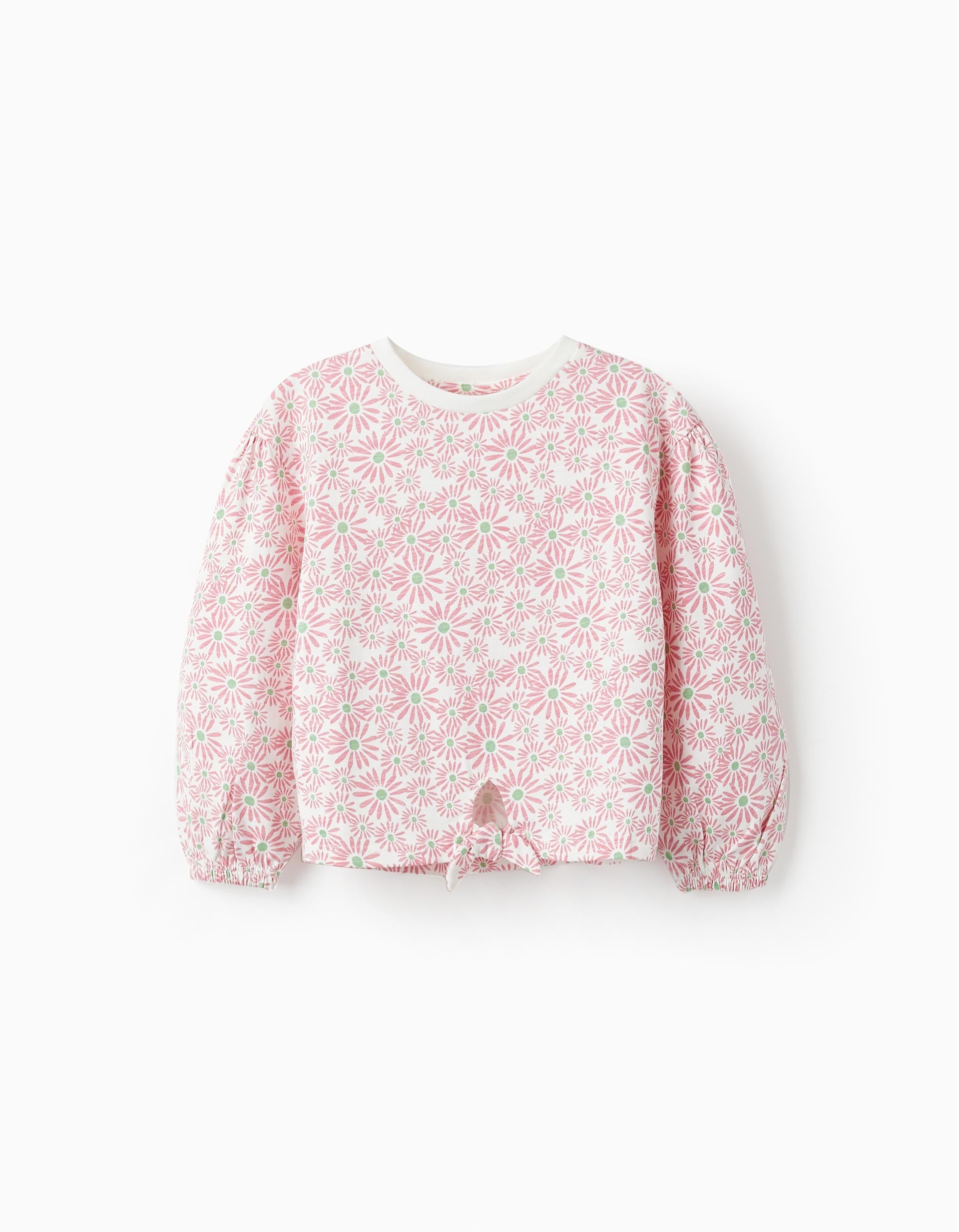 Long Sleeve T-Shirt with Knot for Girls 'Floral', White/Pink/Green