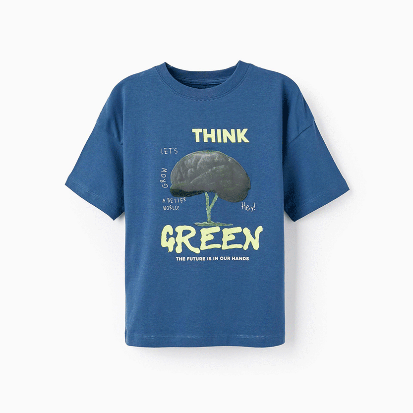 Cotton T-Shirt with Holographic Effect for Boys 'Think Green', Blue