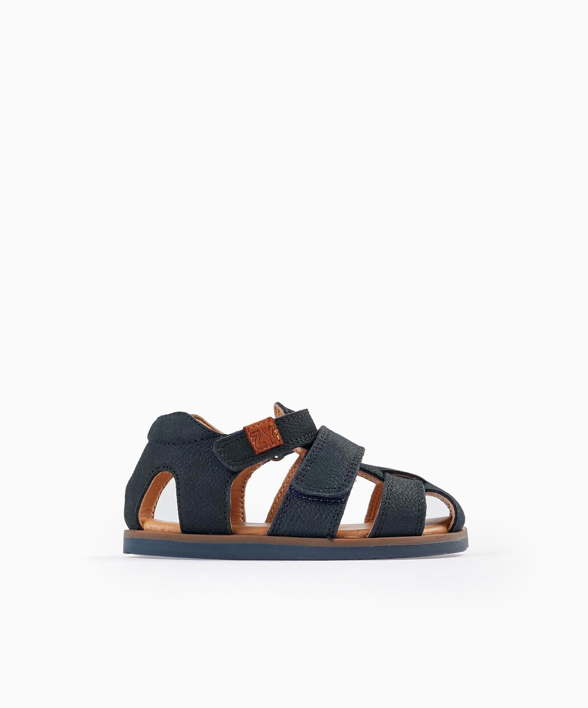 Leather Sandals with Straps for Baby Boys, Dark Blue