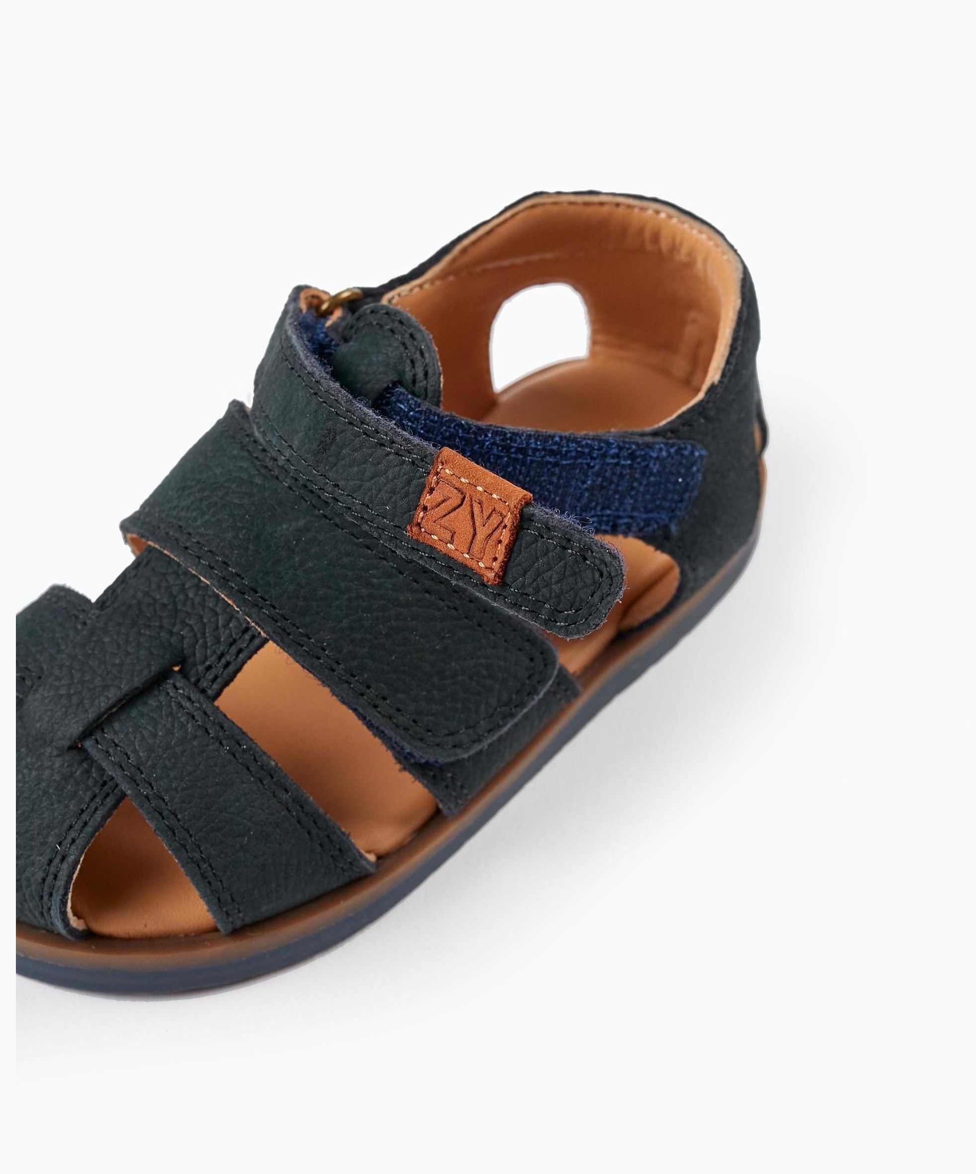Leather Sandals with Straps for Baby Boys, Dark Blue