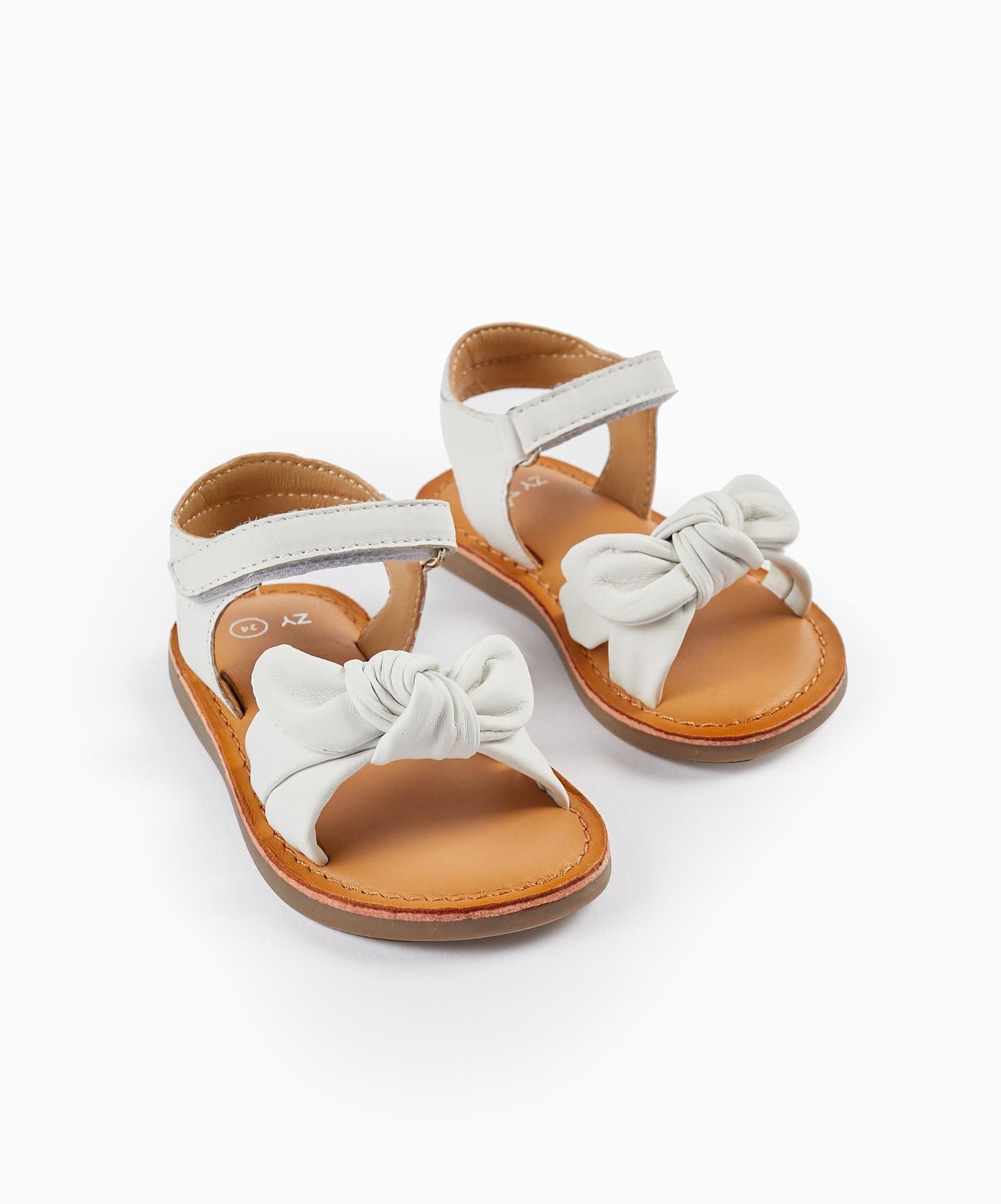 Leather Sandals with Bow for Baby Girls, White