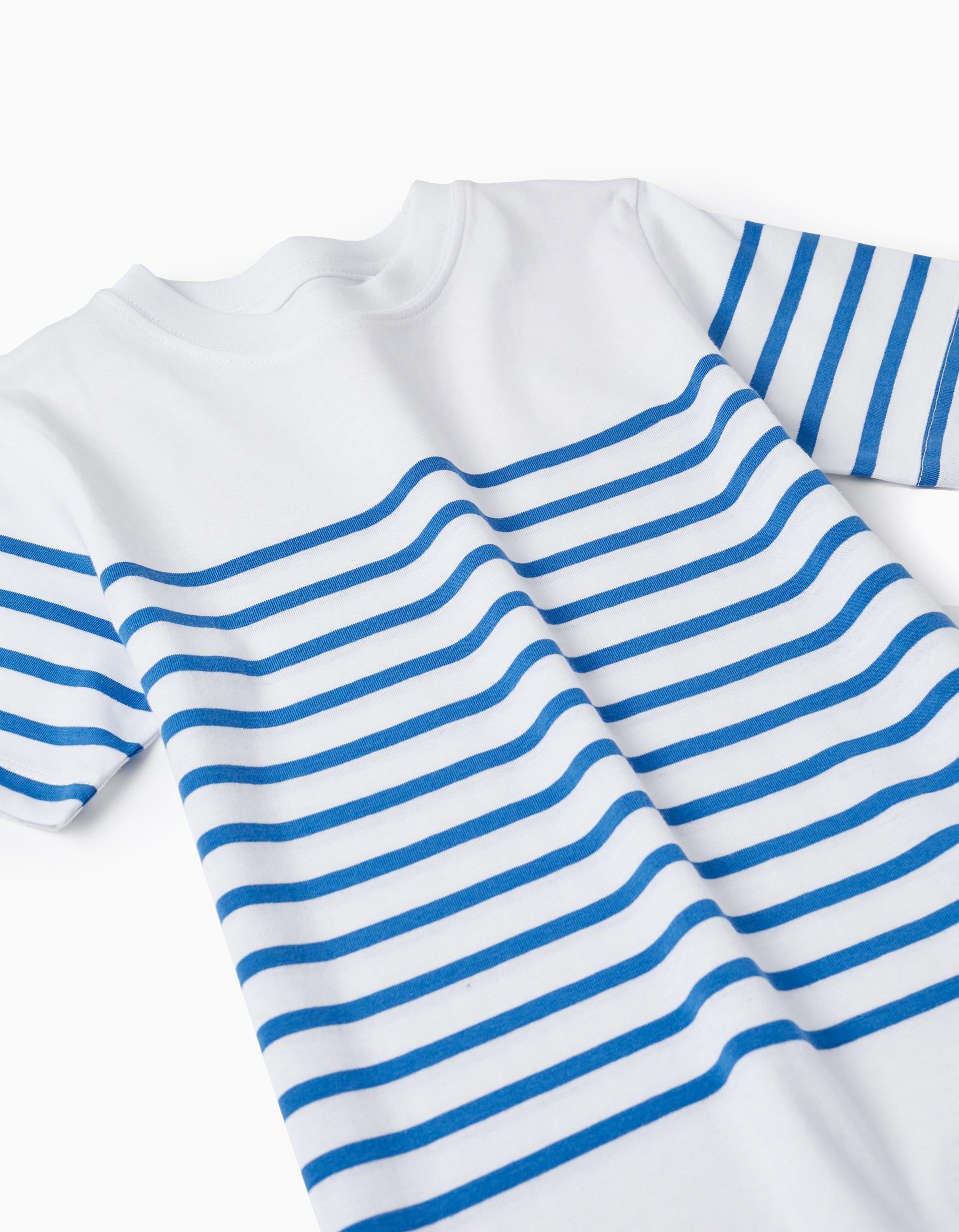 Striped Cotton T-shirt for Boys, White/Blue