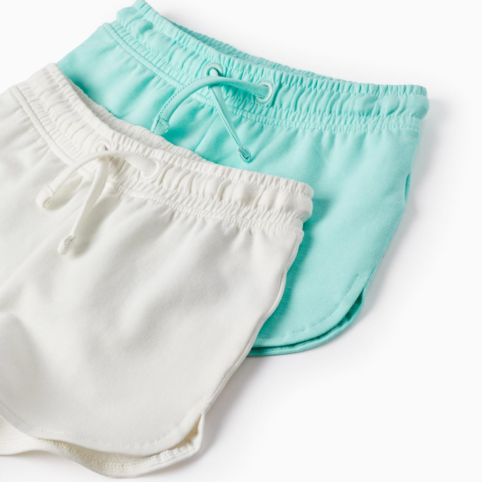 2 Cotton Shorts for Baby Girls, White/Green Water