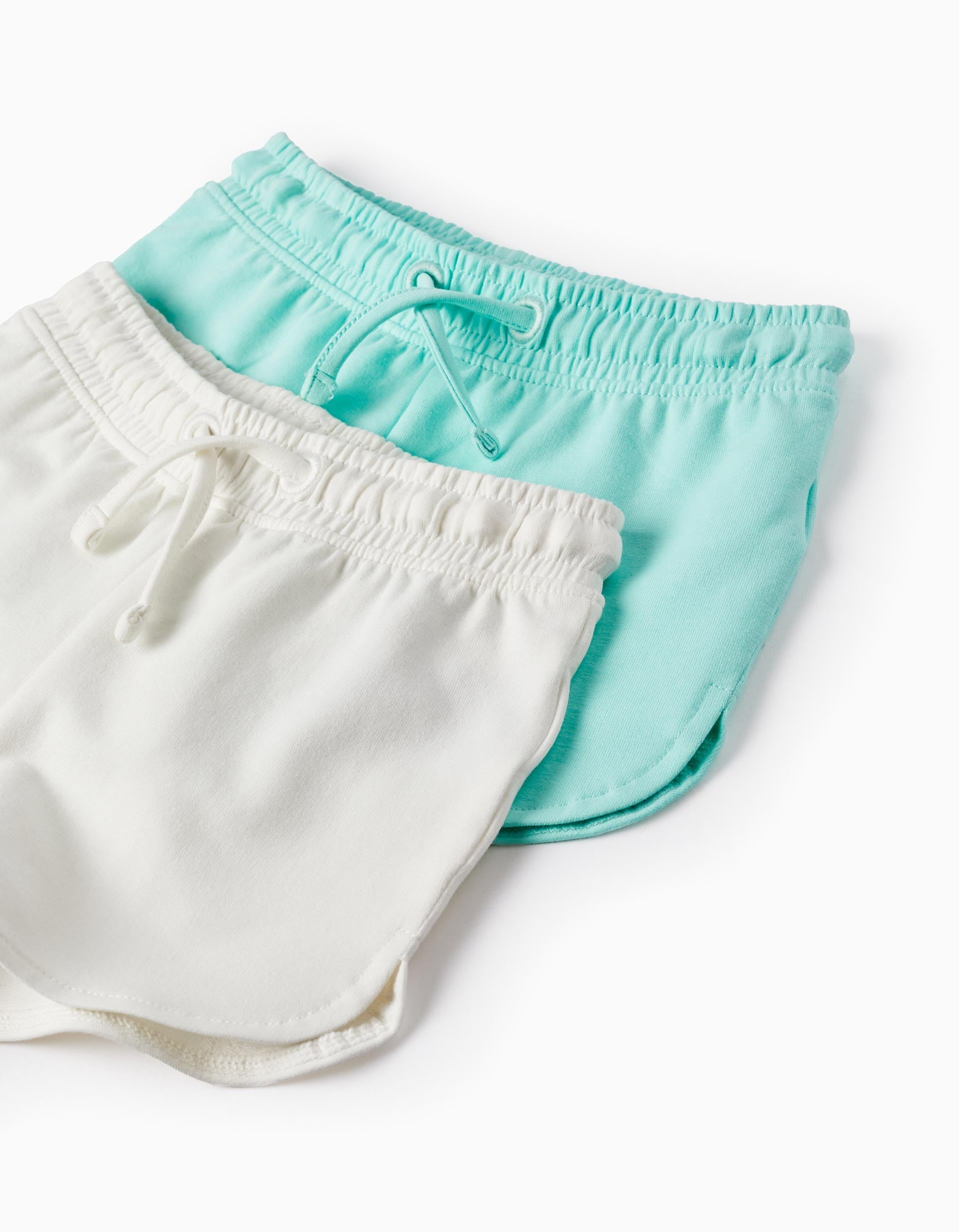 2 Cotton Shorts for Baby Girls, White/Green Water